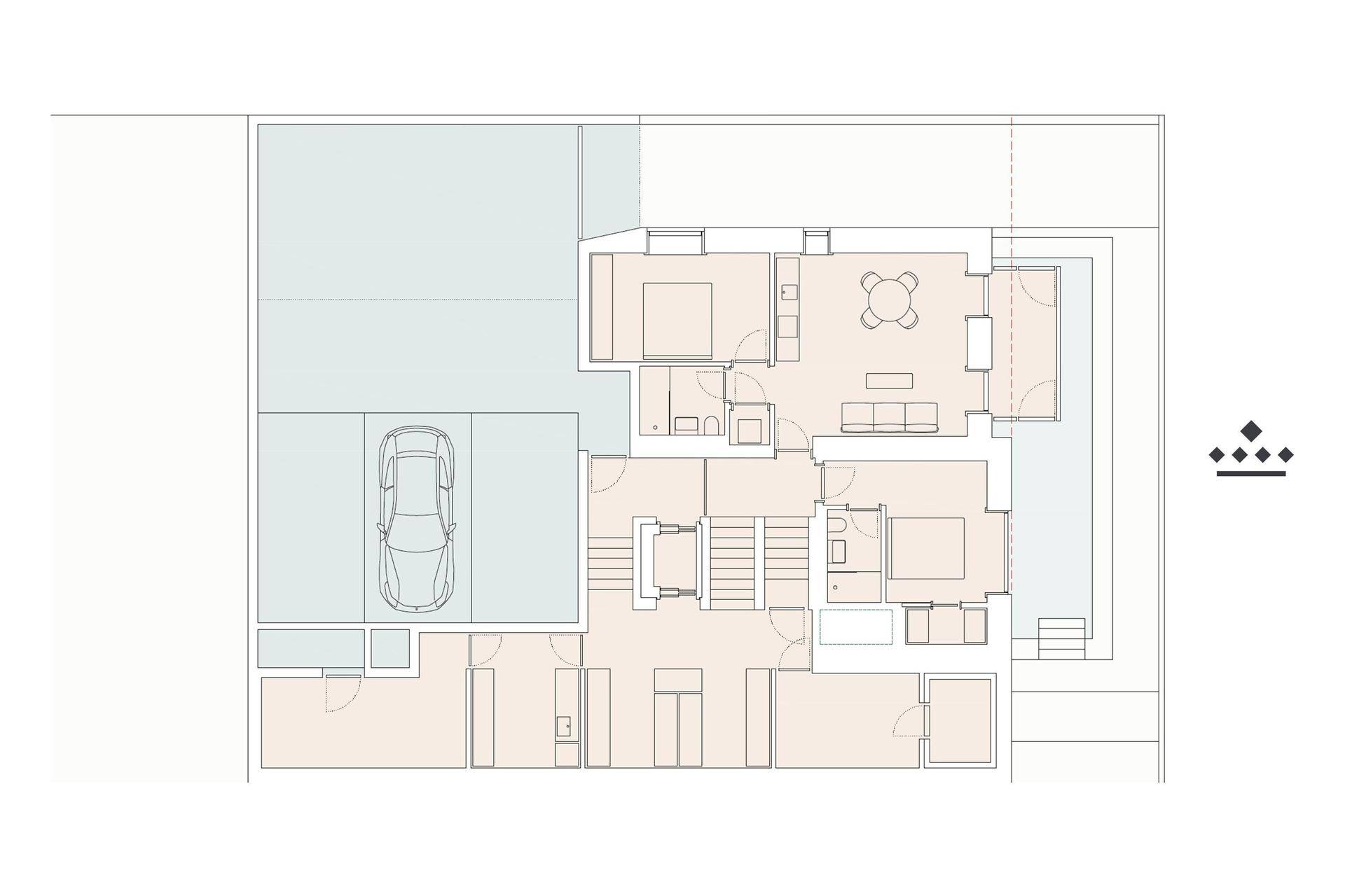 Grundriss des Erdgeschosses mit Wohnbereichen, Schlafzimmern und Terrasse.