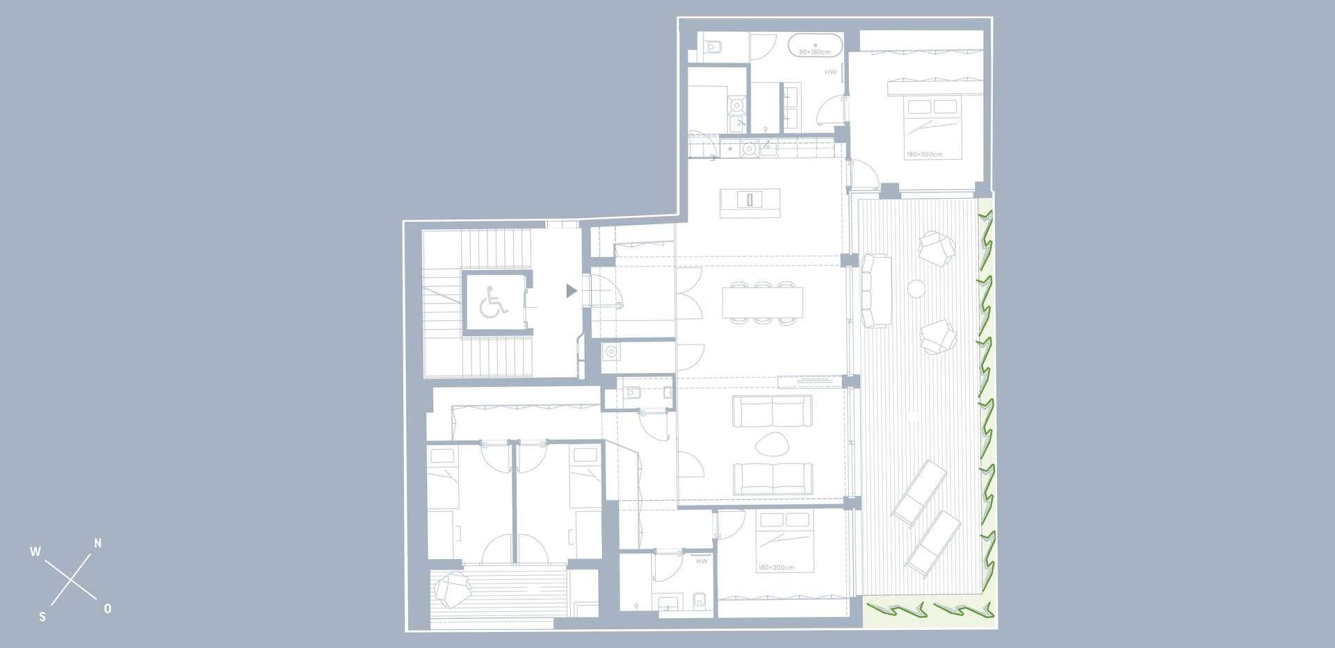 Grundriss einer großzügigen Wohnung mit Terrasse und barrierefreiem Zugang.