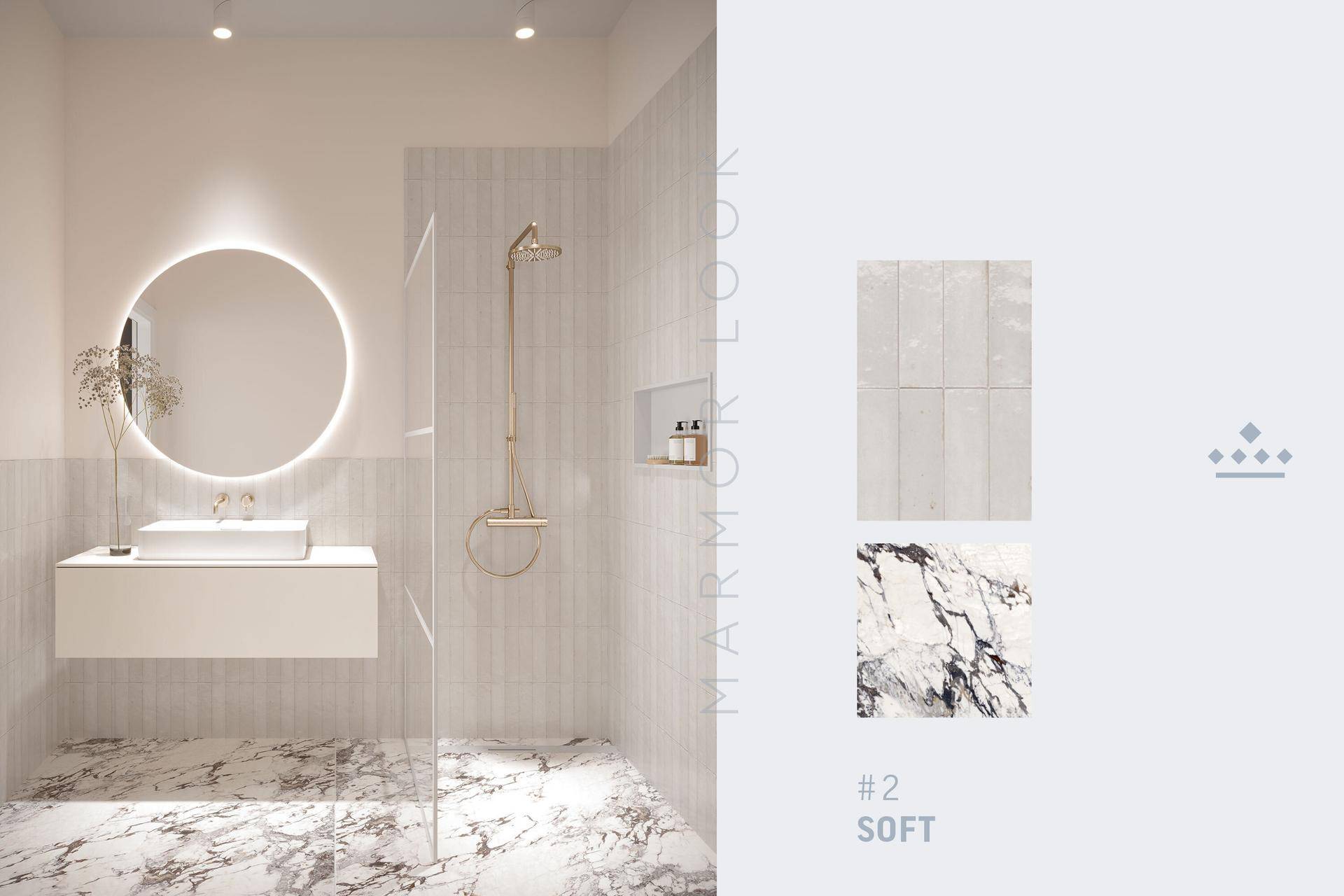 Elegantes Badezimmer mit weißen Wänden, Marmorboden und goldfarbenen Armaturen, luxuriös und hell.