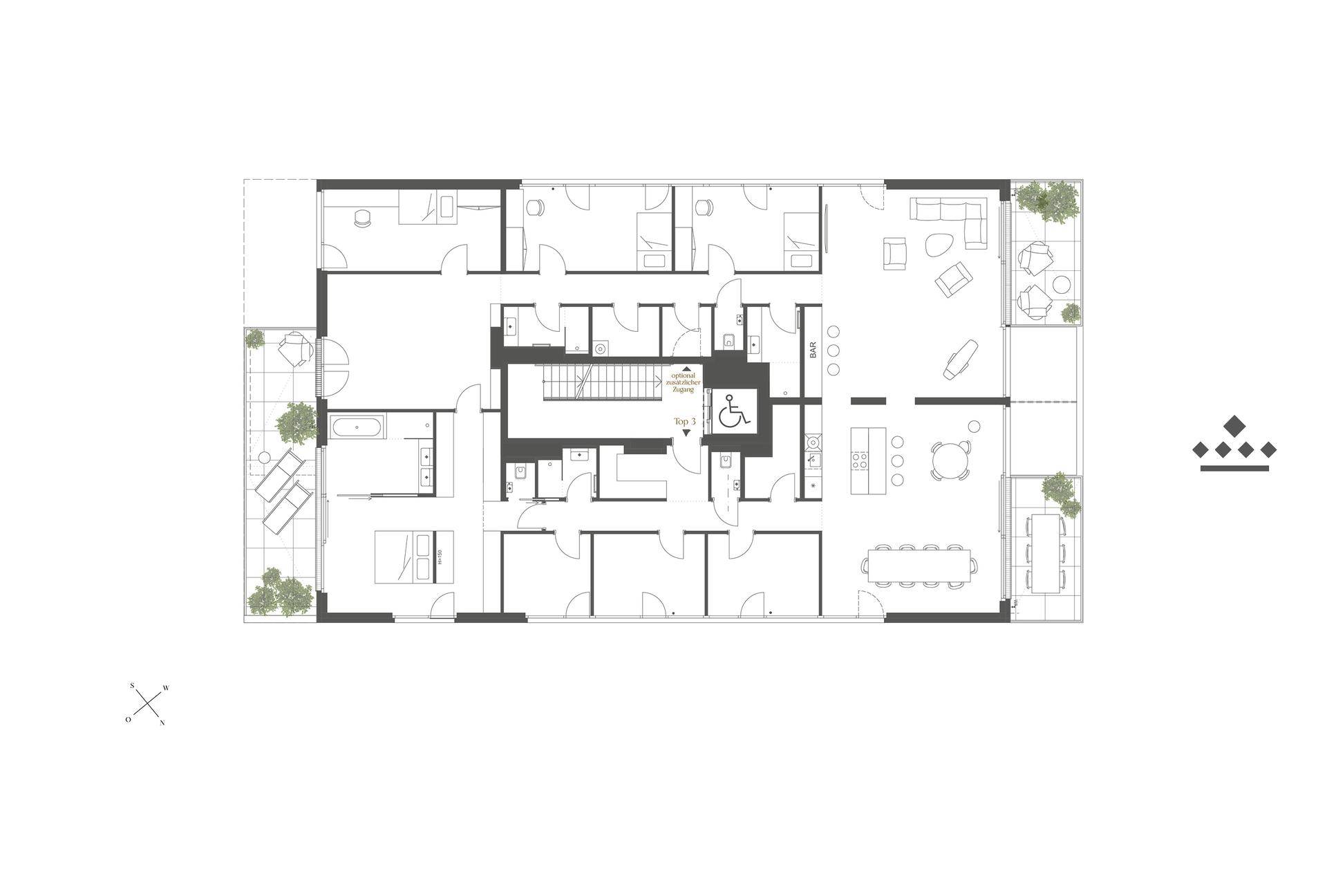 Detaillierter Grundriss einer Wohnung mit mehreren Zimmern, Balkonen und barrierefreiem Zugang.