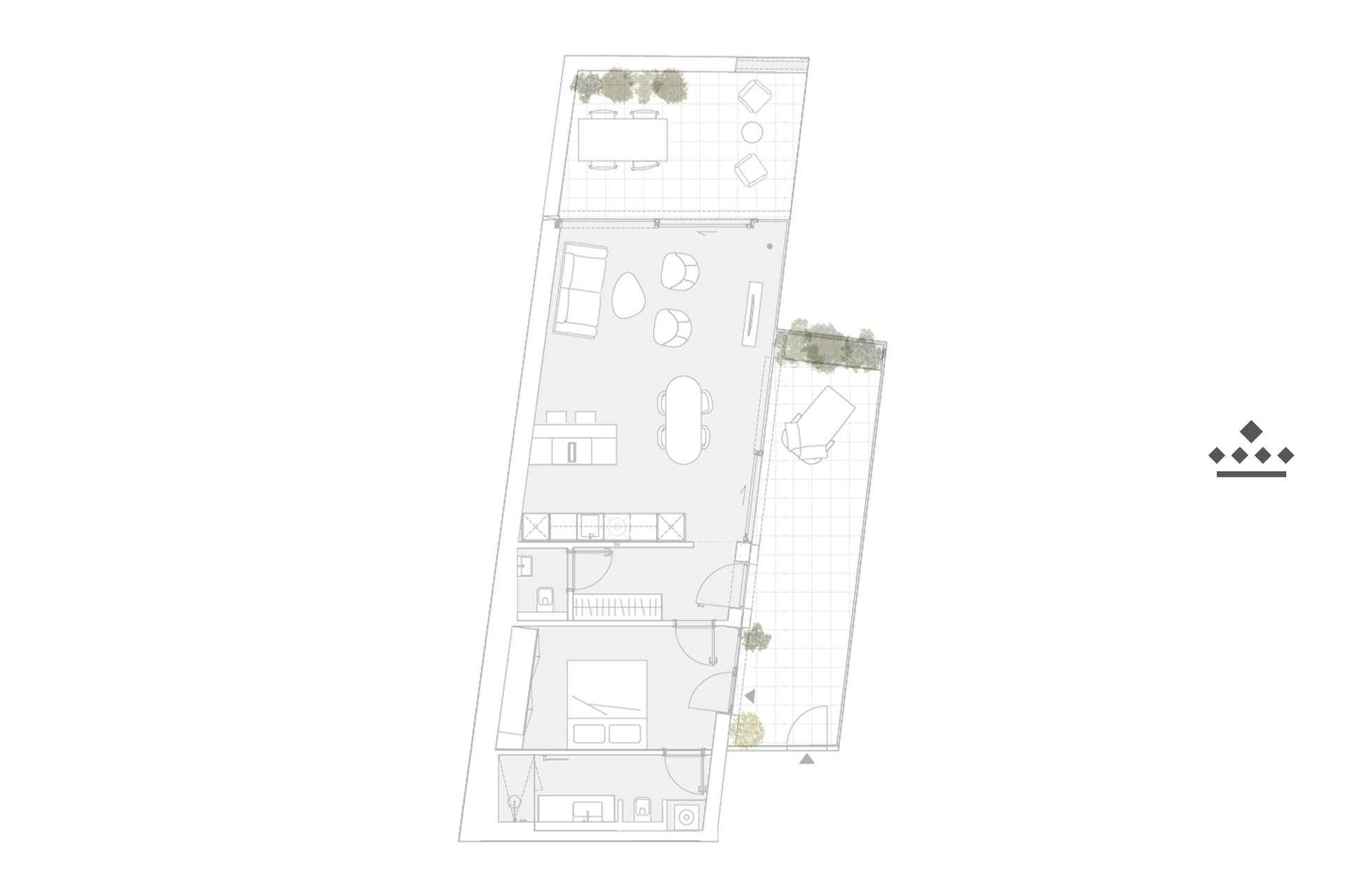 Grundriss einer Wohnung mit offenem Wohnbereich, Schlafzimmer und zwei Terrassen.