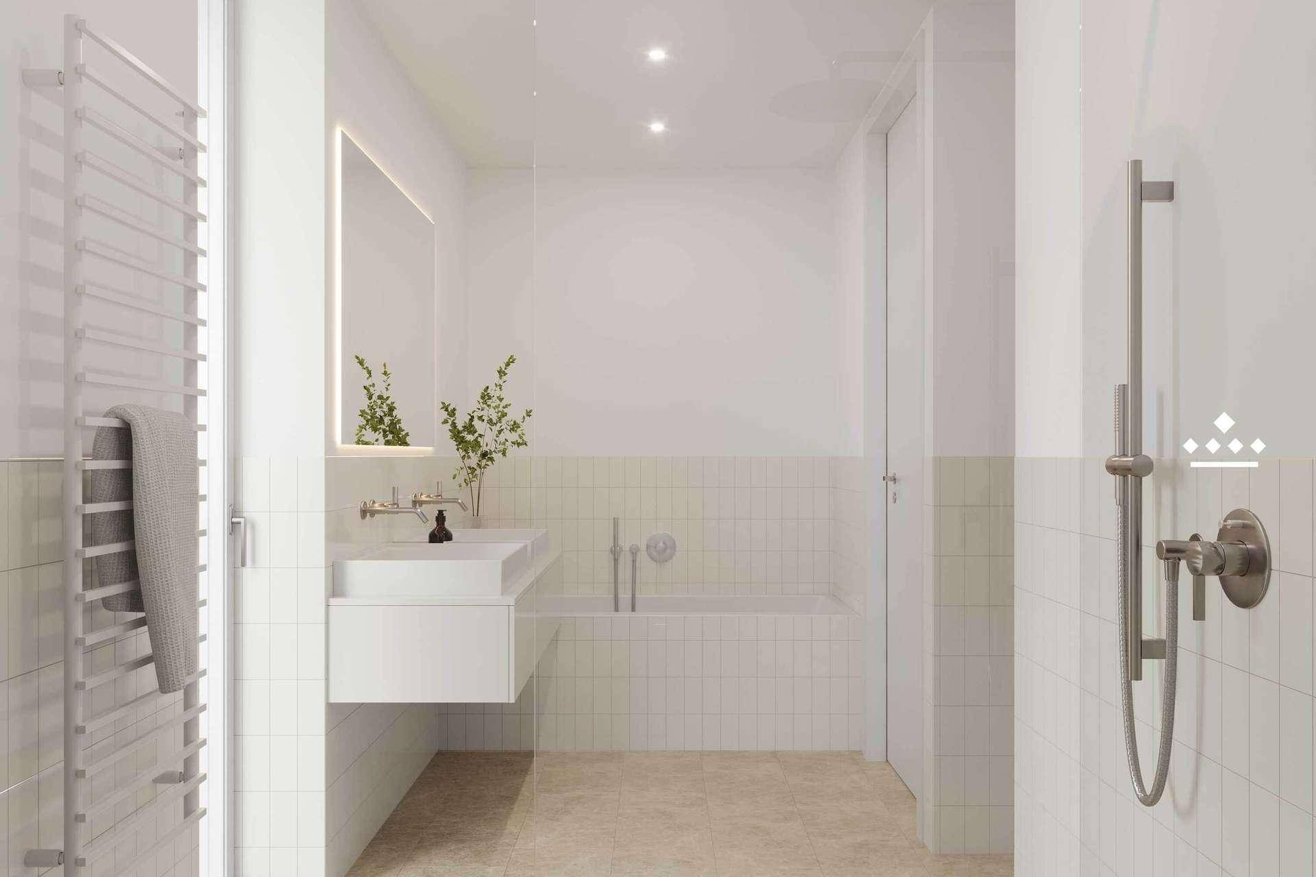 Helles Badezimmer mit weißen Fliesen, schwebendem Waschtisch und integrierter Badewanne.