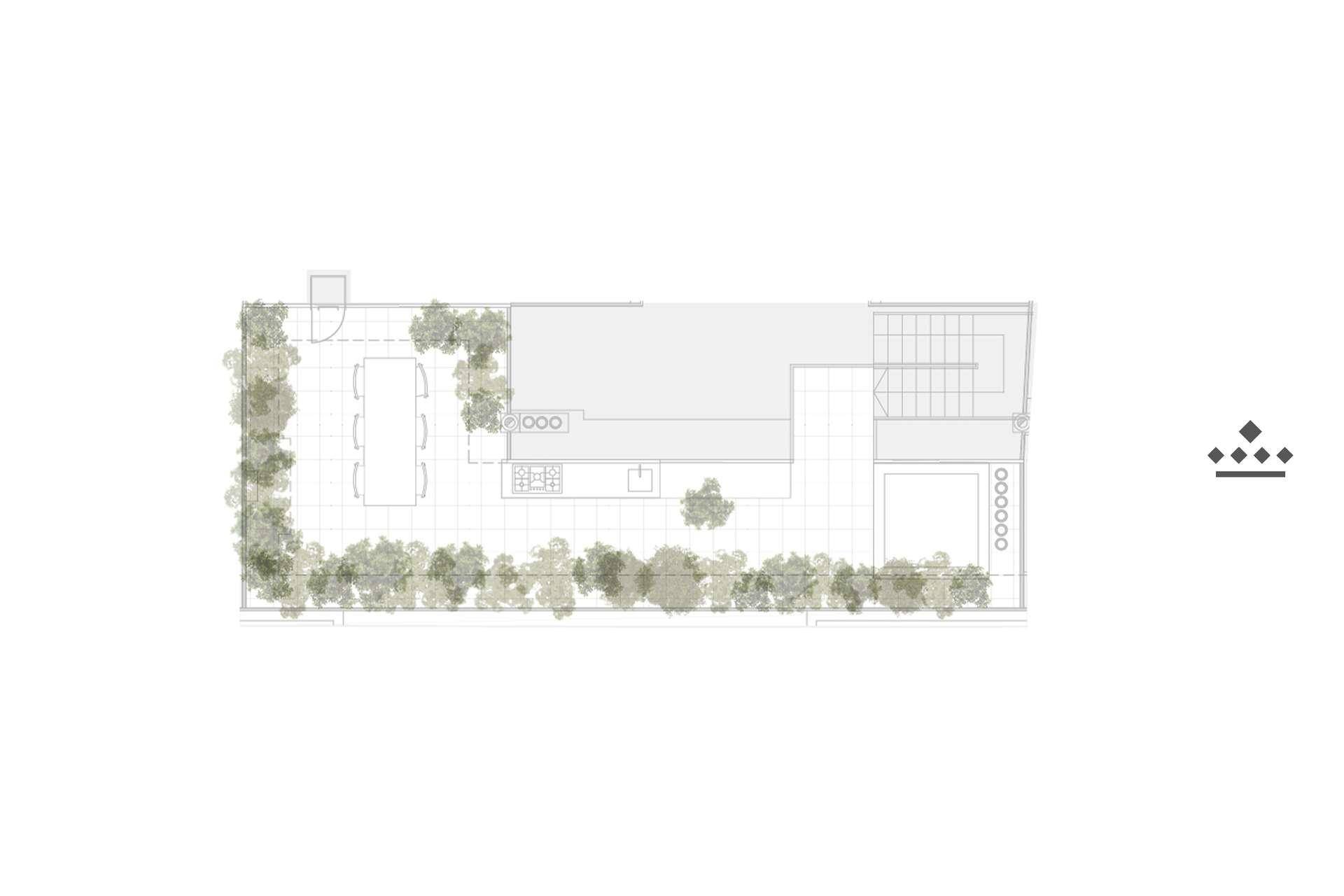 Grundriss der Dachterrasse mit Außenküche, Essbereich und großzügiger Bepflanzung.