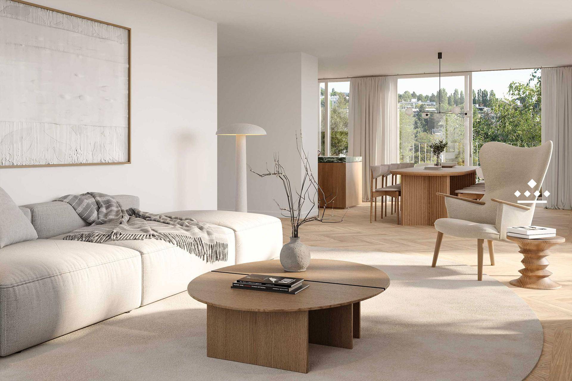 Gemütlicher Wohnbereich mit hellem Sofa, Holztisch und weitem Blick ins Grüne durch große Fenster.