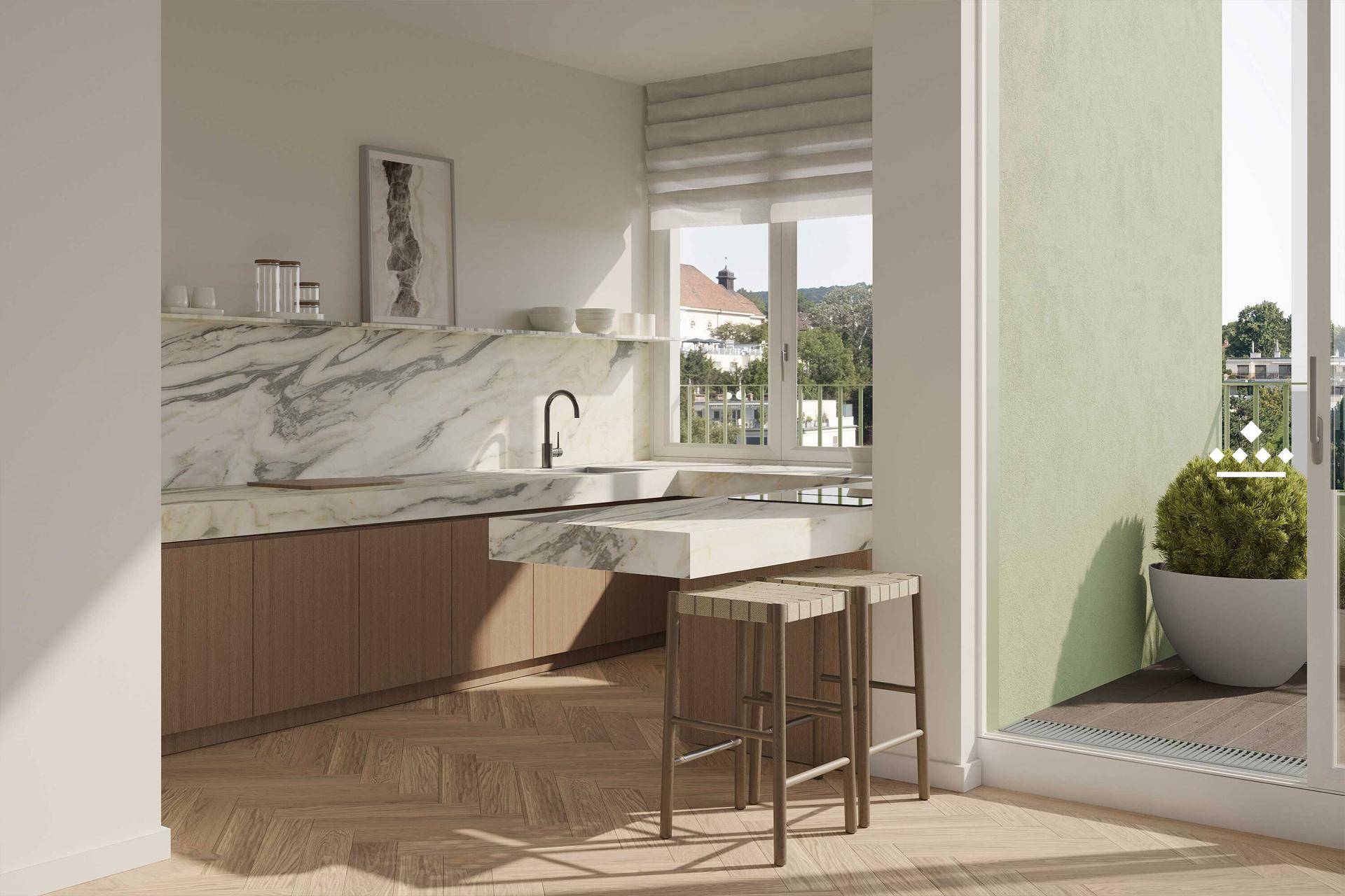 Moderne Küche mit Marmorarbeitsplatten, Holzelementen und Zugang zu einem kleinen Balkon.