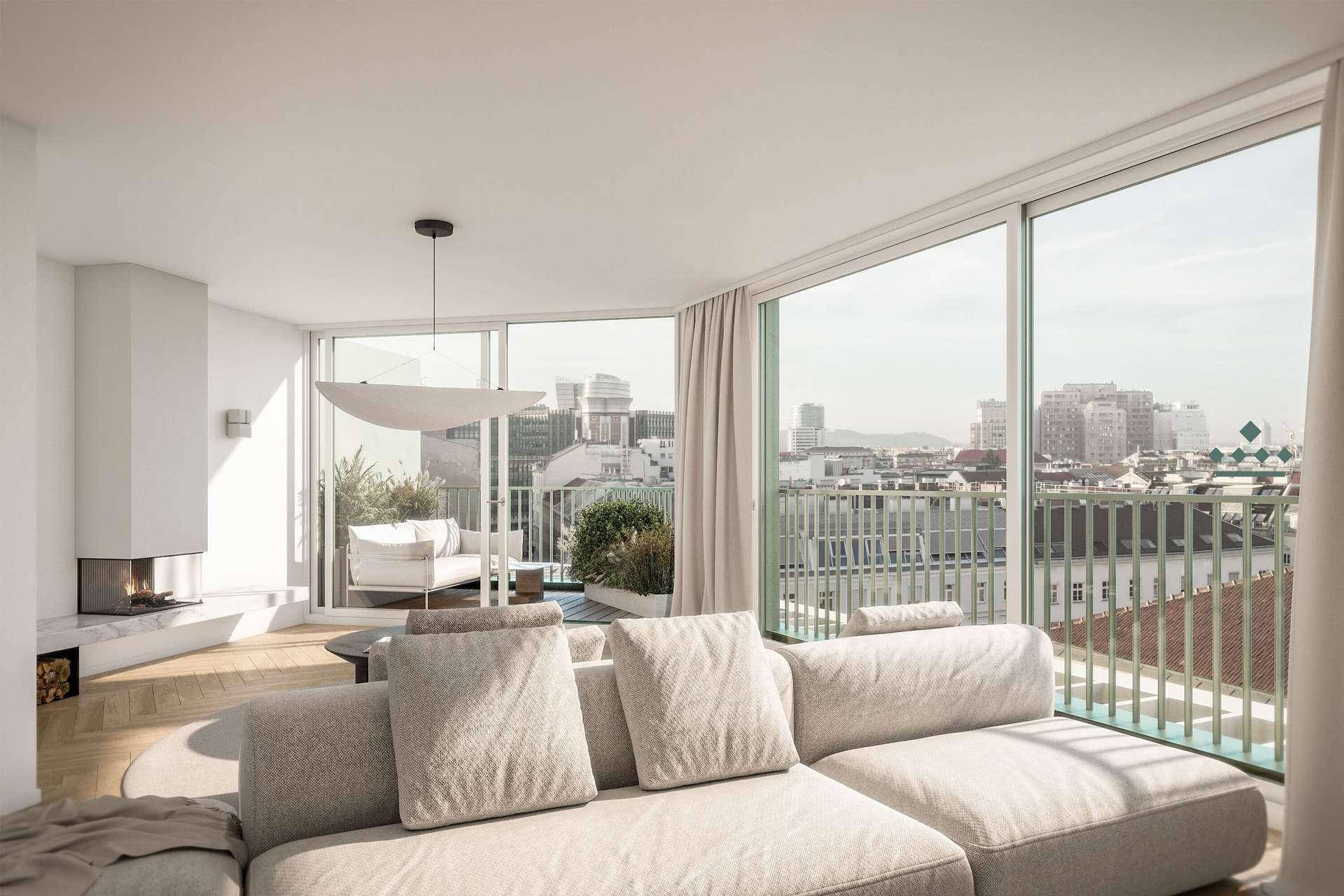 Helles Wohnzimmer mit großen Fenstern, Kamin und Zugang zu einem Balkon mit Stadtblick.