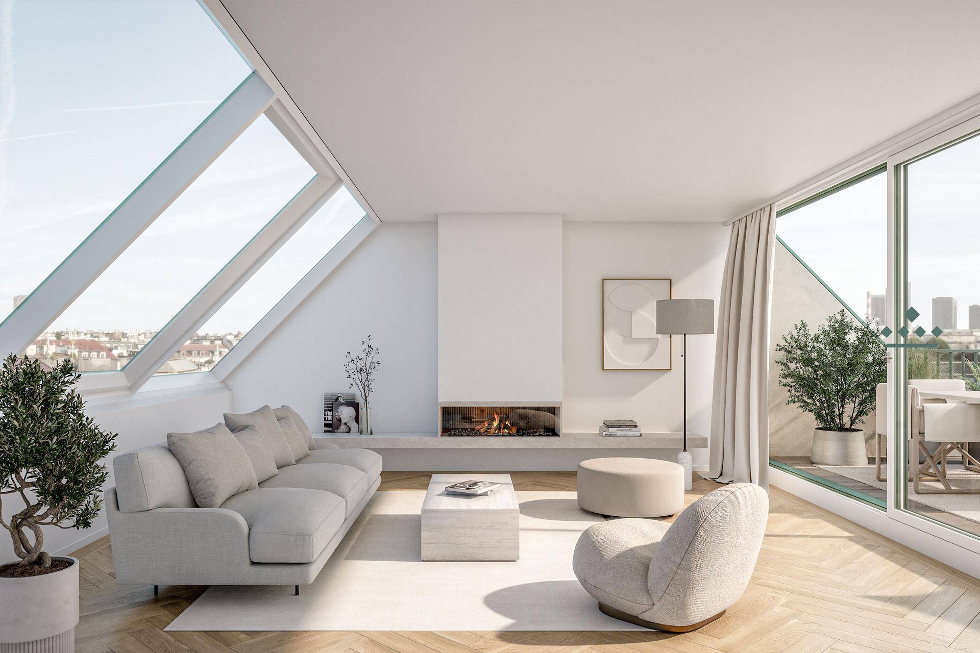 Helles Wohnzimmer im Dachgeschoss mit Kamin, Holzboden und großen Fenstern mit Stadtblick.