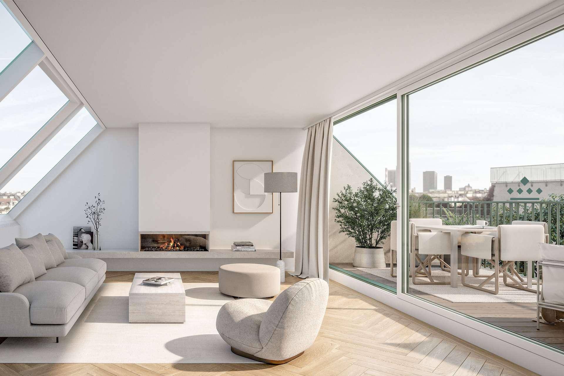 Helles Wohnzimmer mit modernem Kamin, Dachschrägen und Zugang zu einer sonnigen Terrasse.