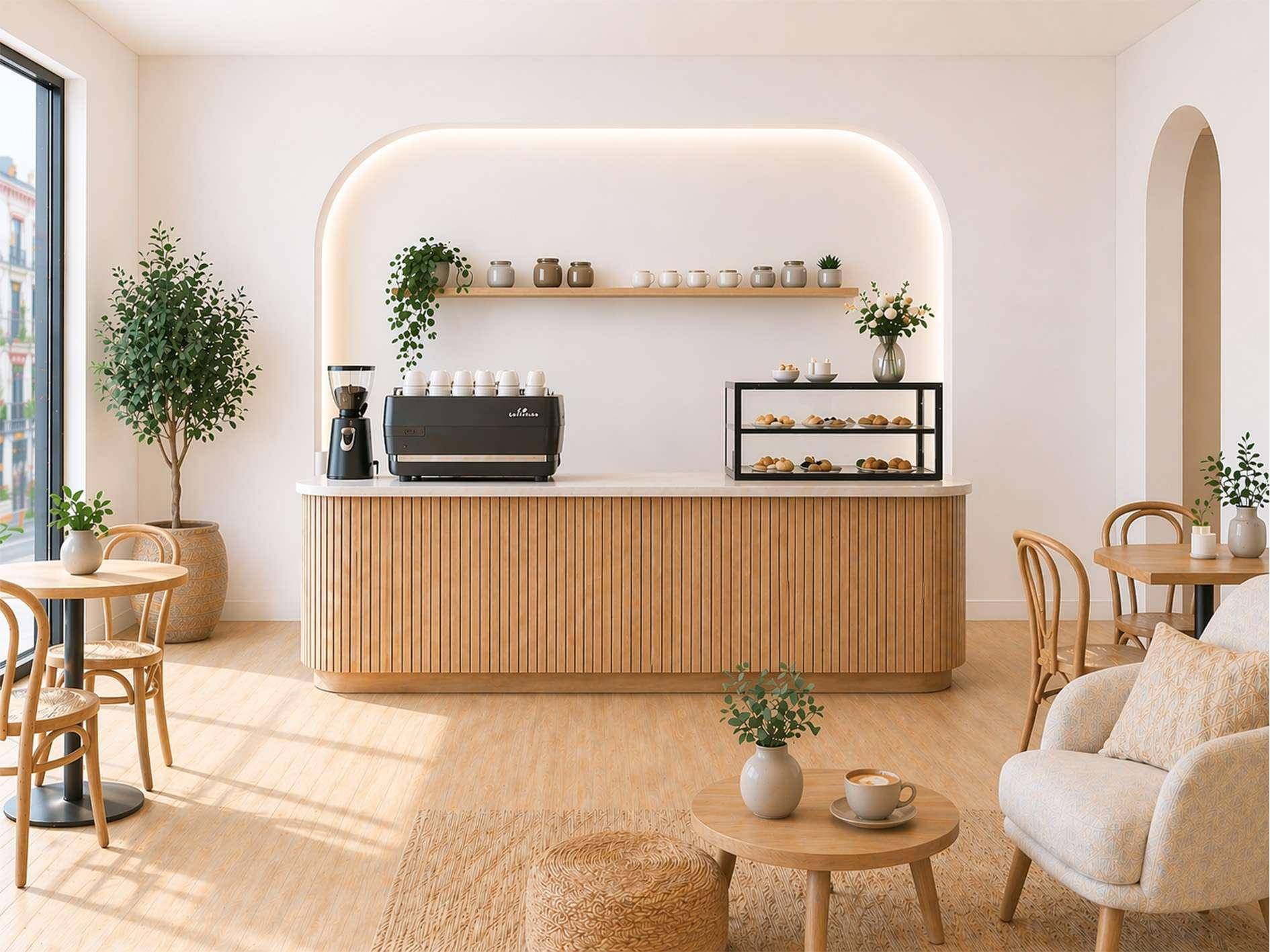 Heller Gemeinschaftsraum oder Café mit moderner Einrichtung, Holzakzenten und großen Fenstern.