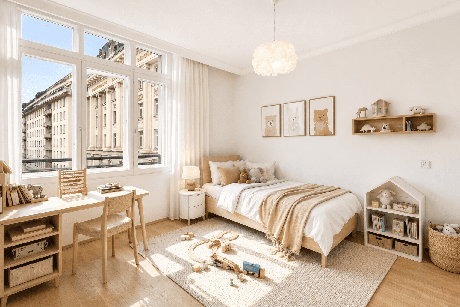 Helles Kinderzimmer mit Holzbett, Schreibtisch und Spielzeug, ideal für kleine Bewohner.