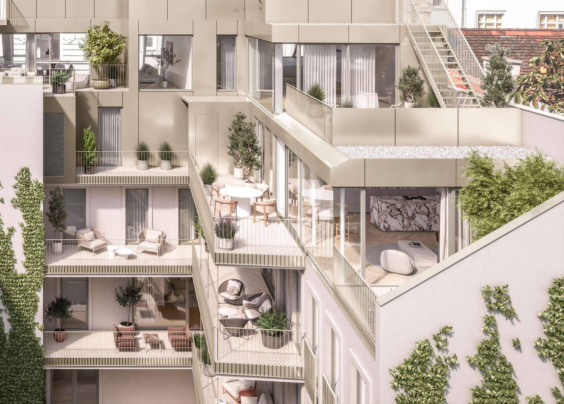 Moderne Architektur mit gestaffelten Balkonen und Terrassen, begrünt mit Pflanzen.