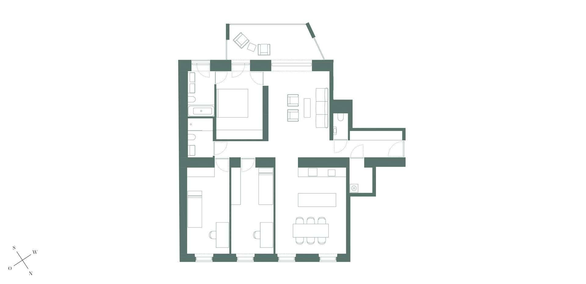 Grundriss einer Wohnung mit drei Schlafzimmern, offenem Wohnbereich und Balkon.