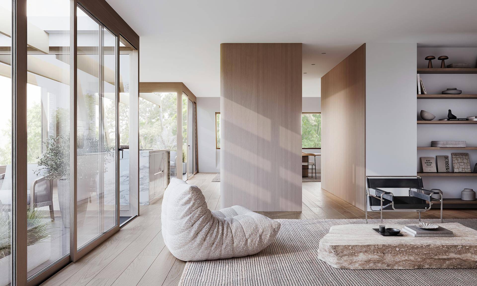 Modernes Wohnzimmer mit großen Glasfronten, Holzelementen und Zugang zum Balkon.