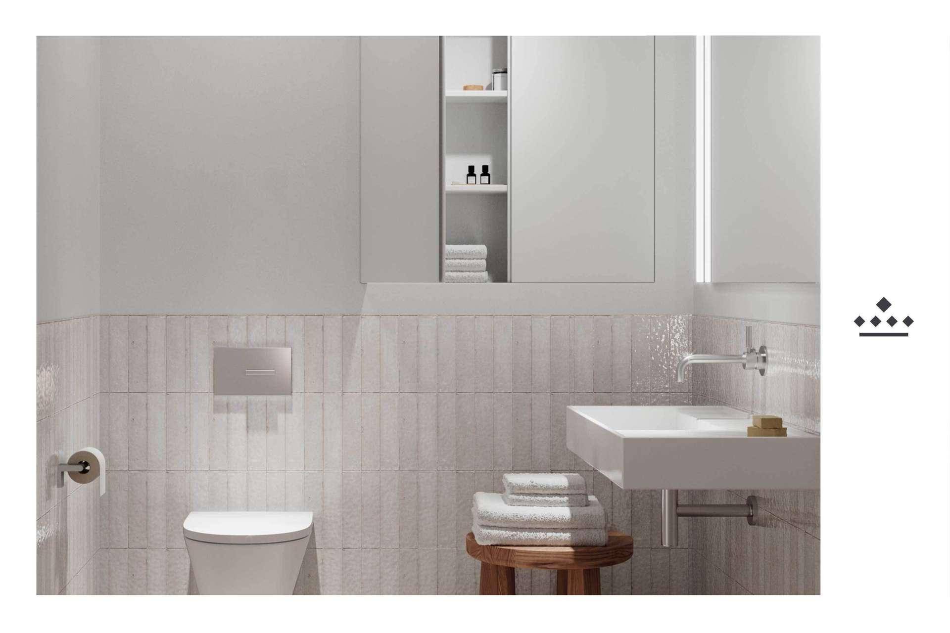 Modernes WC mit Wandtoilette, Waschbecken und Spiegelschrank in hellen Farbtönen.