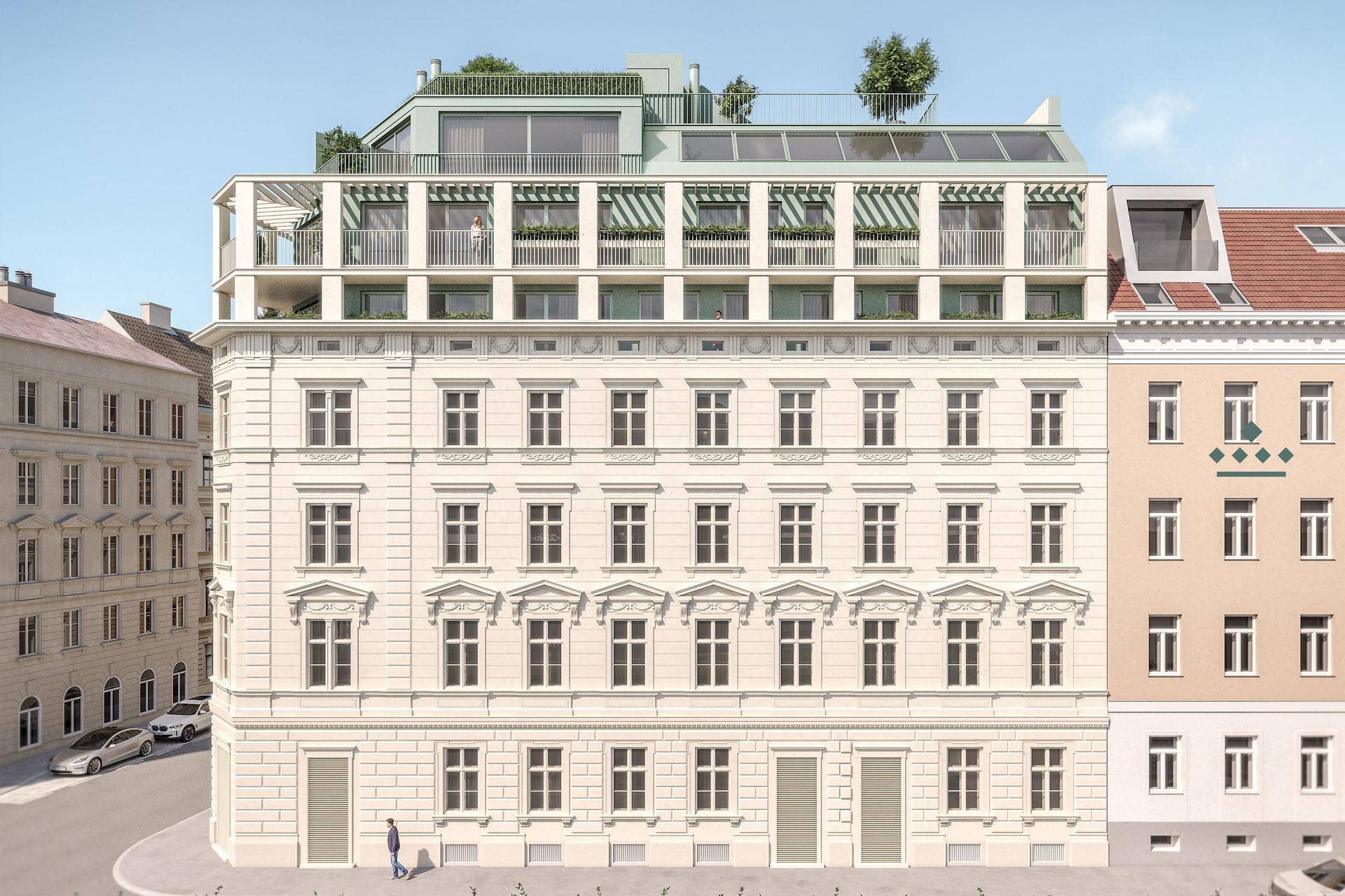 Rendering der eleganten Fassade eines Neubaus mit klassischen Elementen und modernen Dachaufbauten.