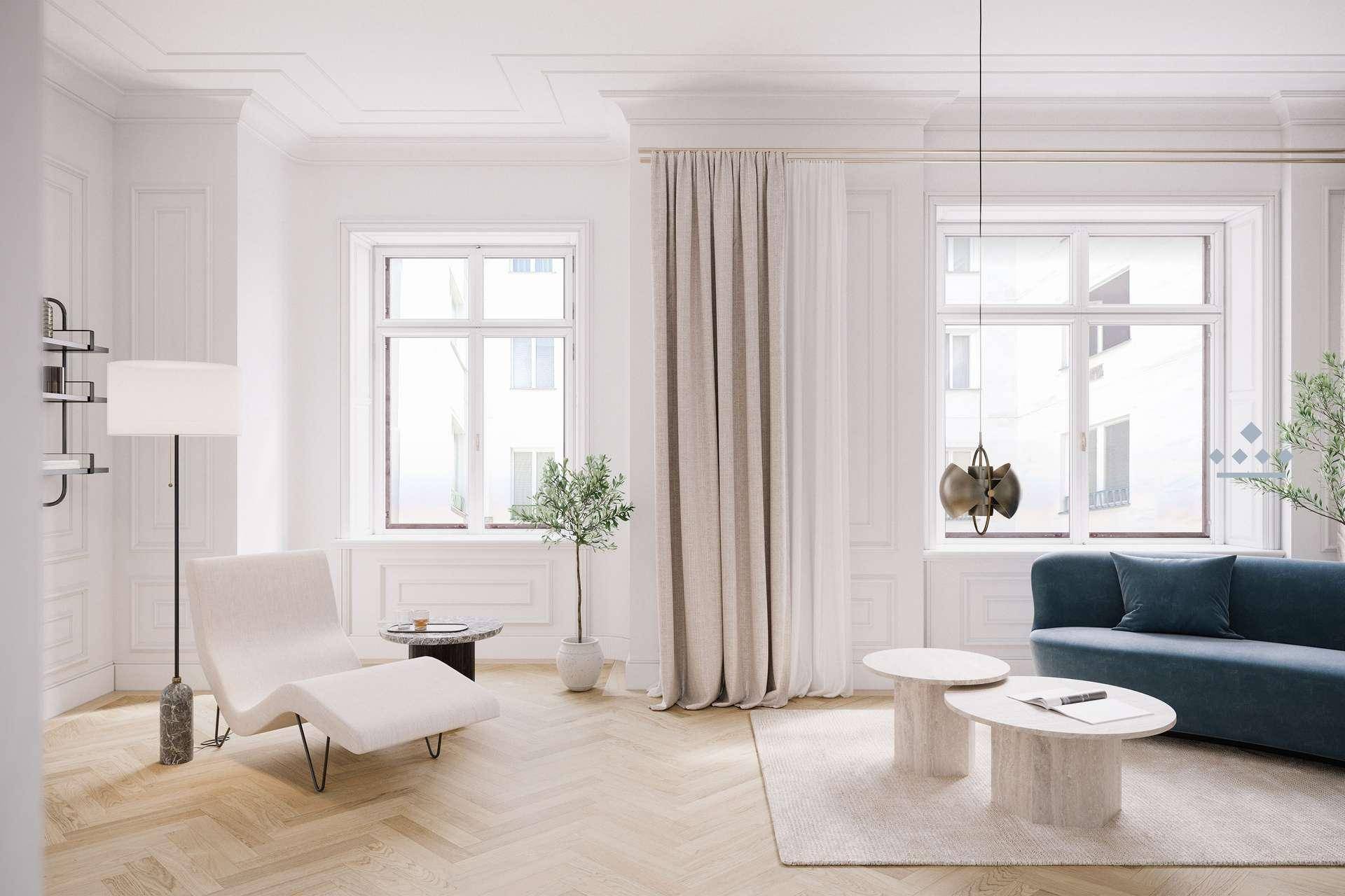Helles Wohnzimmer mit hohen Decken, Fischgrätparkett und großen Fenstern, modern eingerichtet.