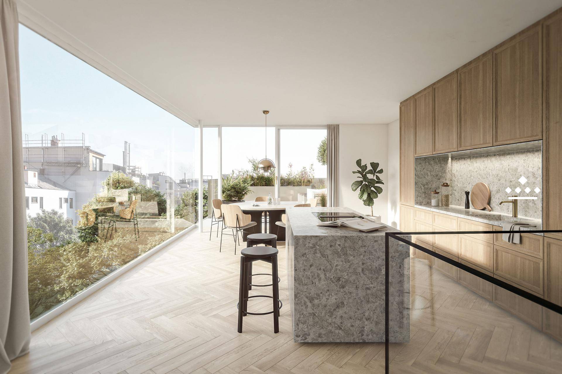 Moderne offene Küche mit Kücheninsel, Holzelementen und großen Fenstern mit Stadtblick.