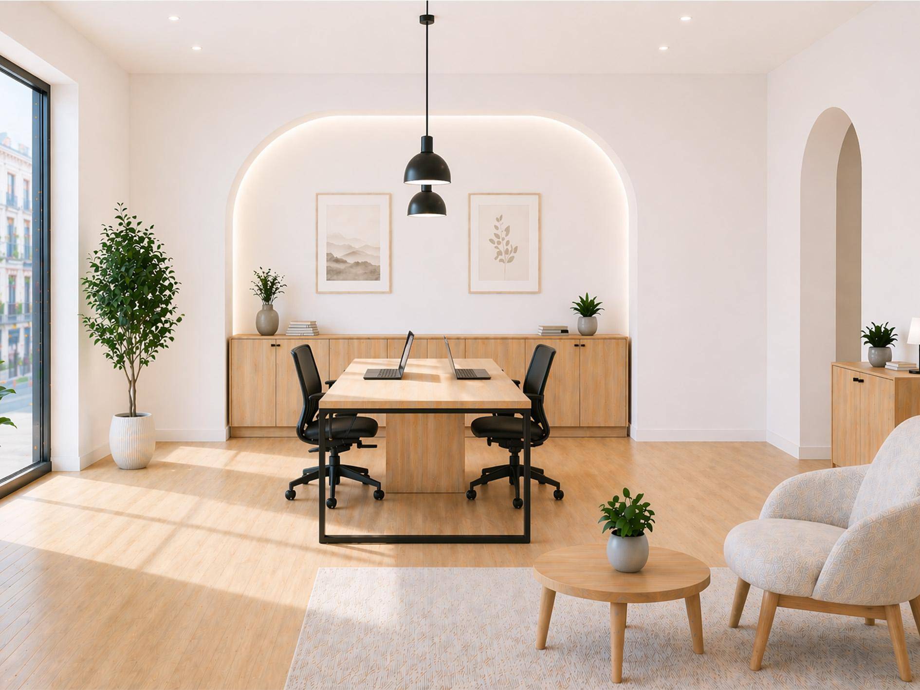 Heller, moderner Bürobereich mit Holztisch, ergonomischen Stühlen und viel Tageslicht.