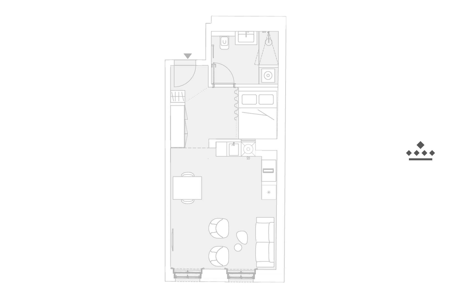 Grundriss einer Wohnung mit offenem Wohnbereich, Schlafzimmer und Badezimmer.