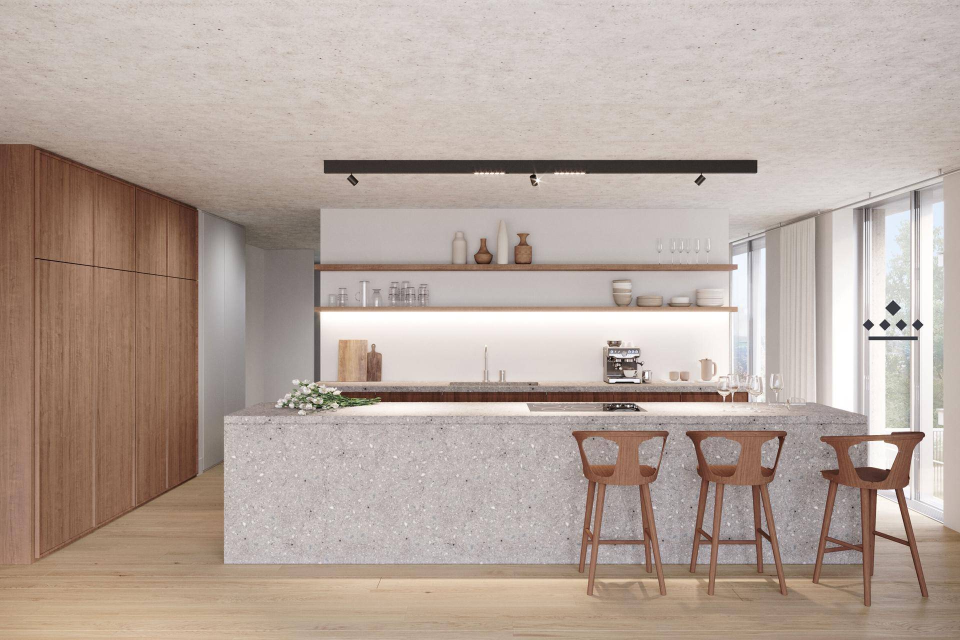 Moderne Küche mit großer Kücheninsel, Holzfronten und integrierten Geräten in minimalistischem Design.