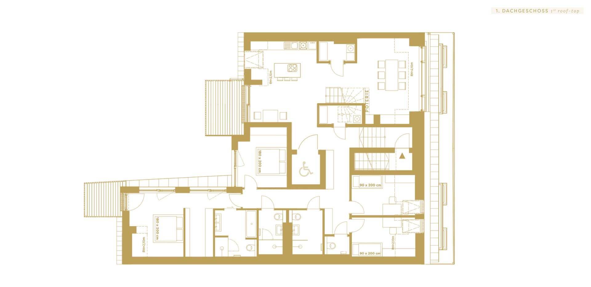 Grundriss des ersten Dachgeschosses mit Küche, Schlafzimmern, Bädern und Balkon.