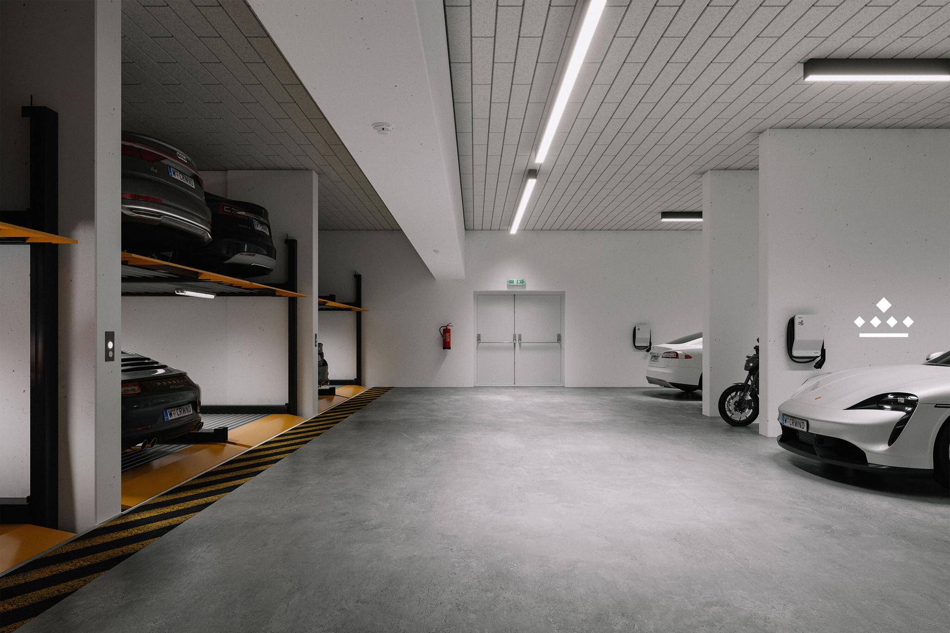 Geräumige Tiefgarage mit Elektroauto-Ladestationen und modernen Beleuchtungssystemen, gut beleuchtet.