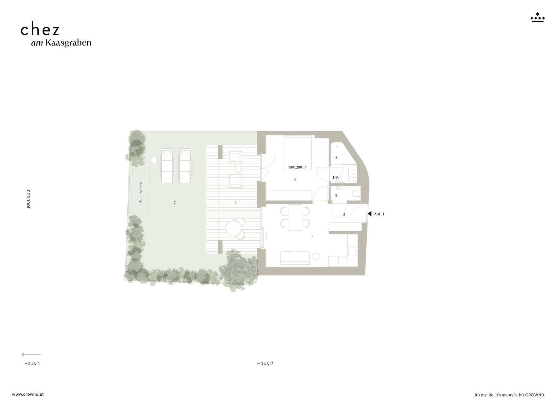 Übersichtlicher Grundriss einer Wohnung mit Garten, Terrasse und zwei Bädern.