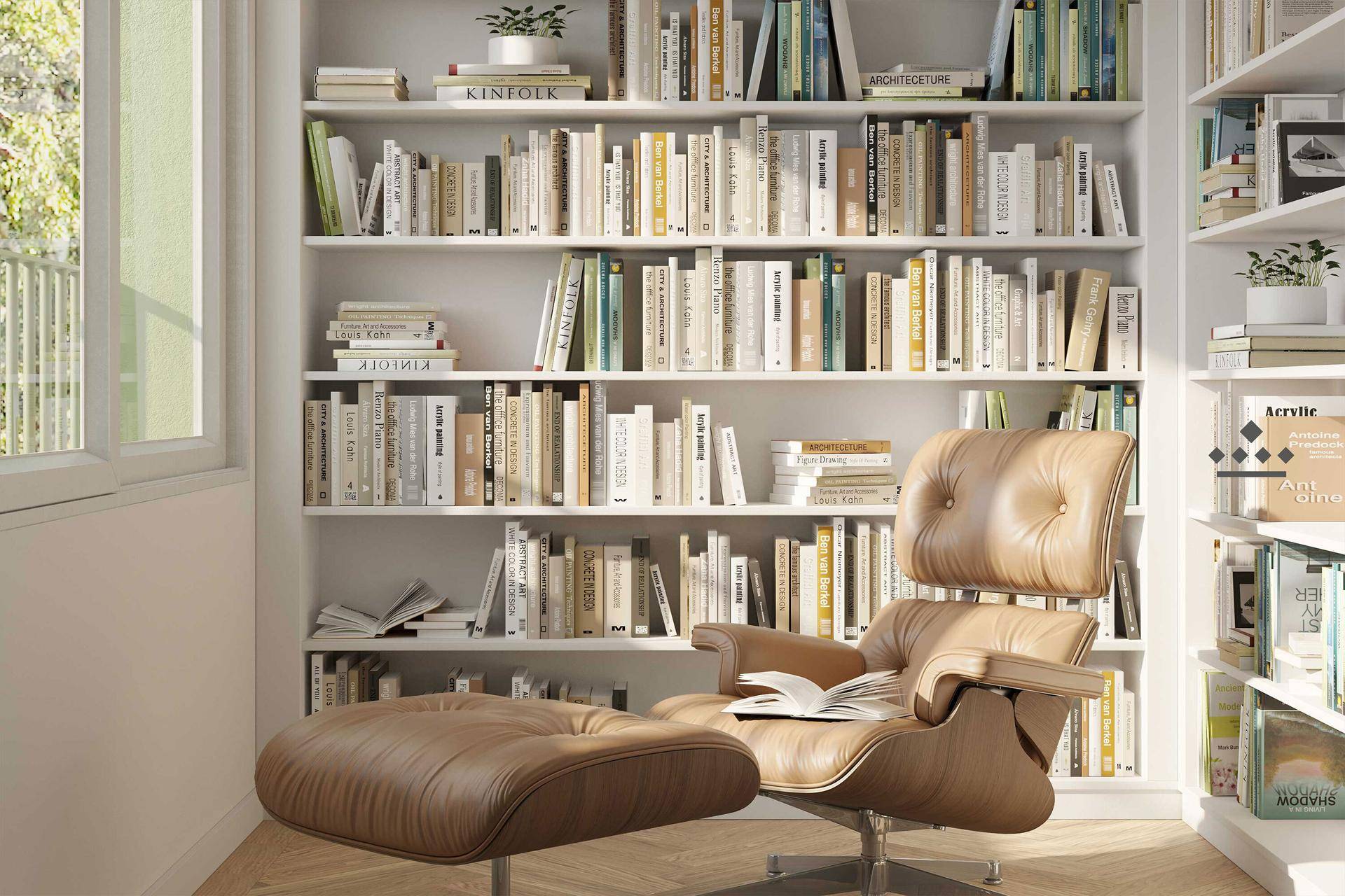 Gemütliche Bibliothek mit raumhohen Bücherregalen und bequemem Ledersessel zum Lesen.