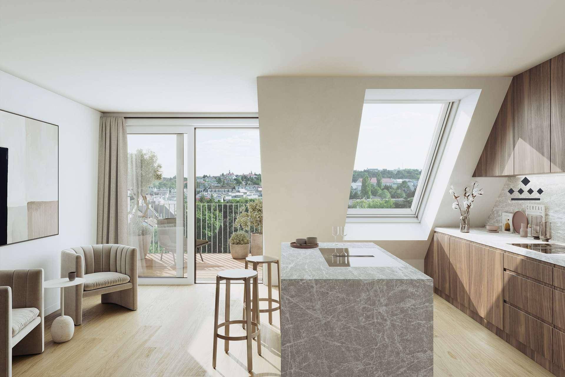 Heller offener Wohn- und Küchenbereich mit Zugang zu einem Balkon und Blick ins Grüne.