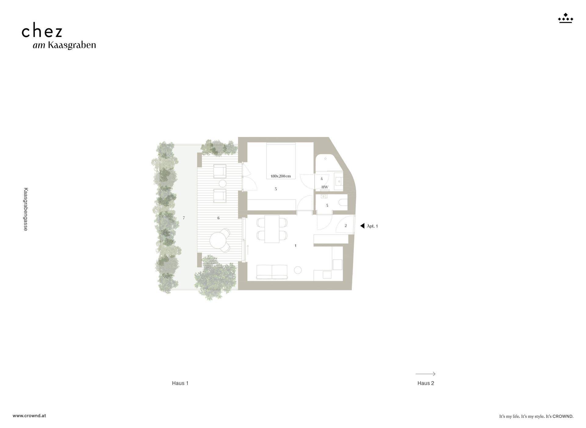 Grundriss einer Wohnung mit Terrasse und Gartenbereich.