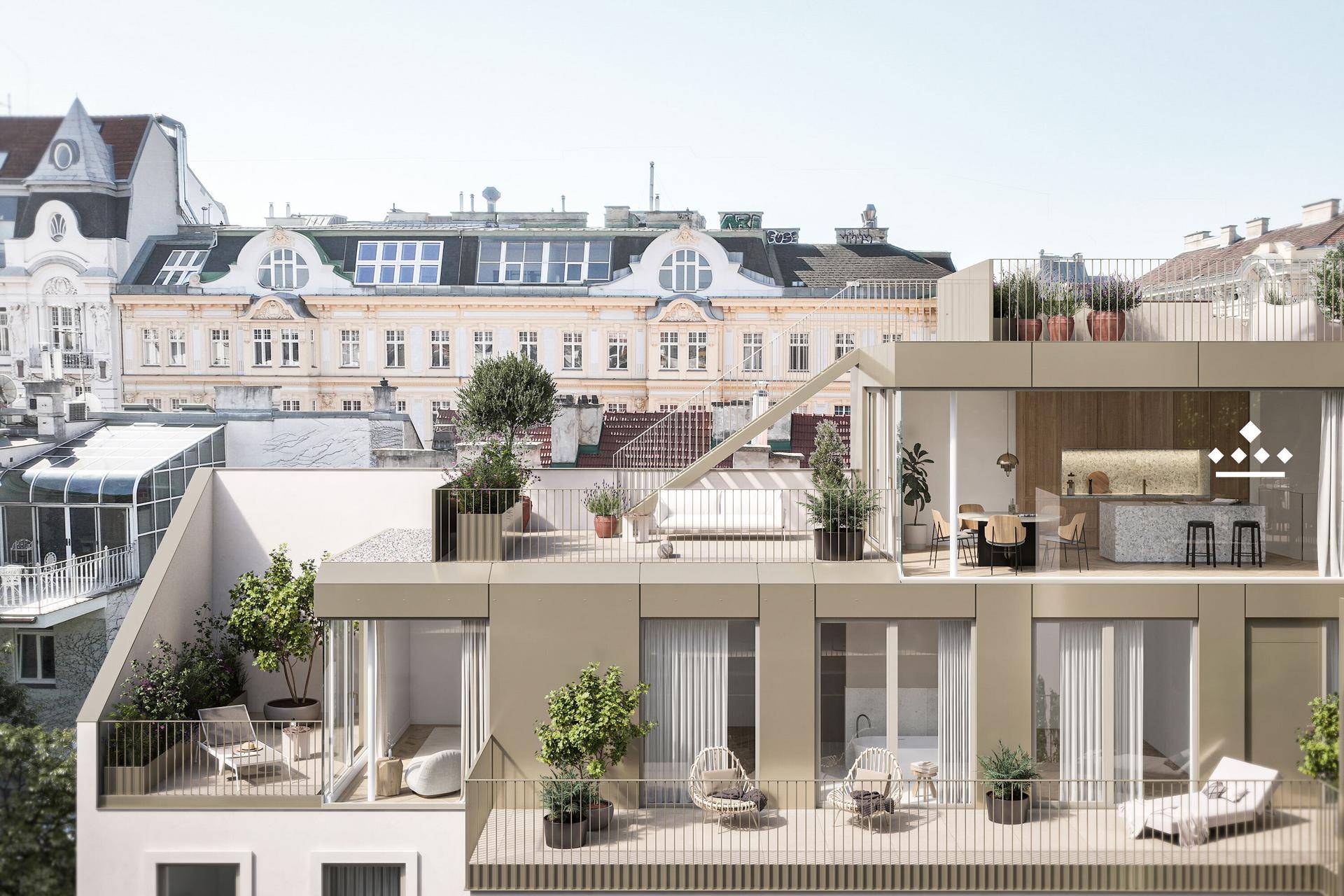 Seitenansicht des modernen Gebäudes mit mehreren Balkonen und Terrassen in urbaner Umgebung.