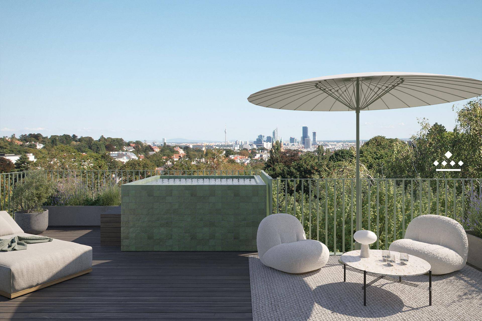 Moderne Dachterrasse mit kleinem Pool, Liegefläche und weitem Stadtblick.