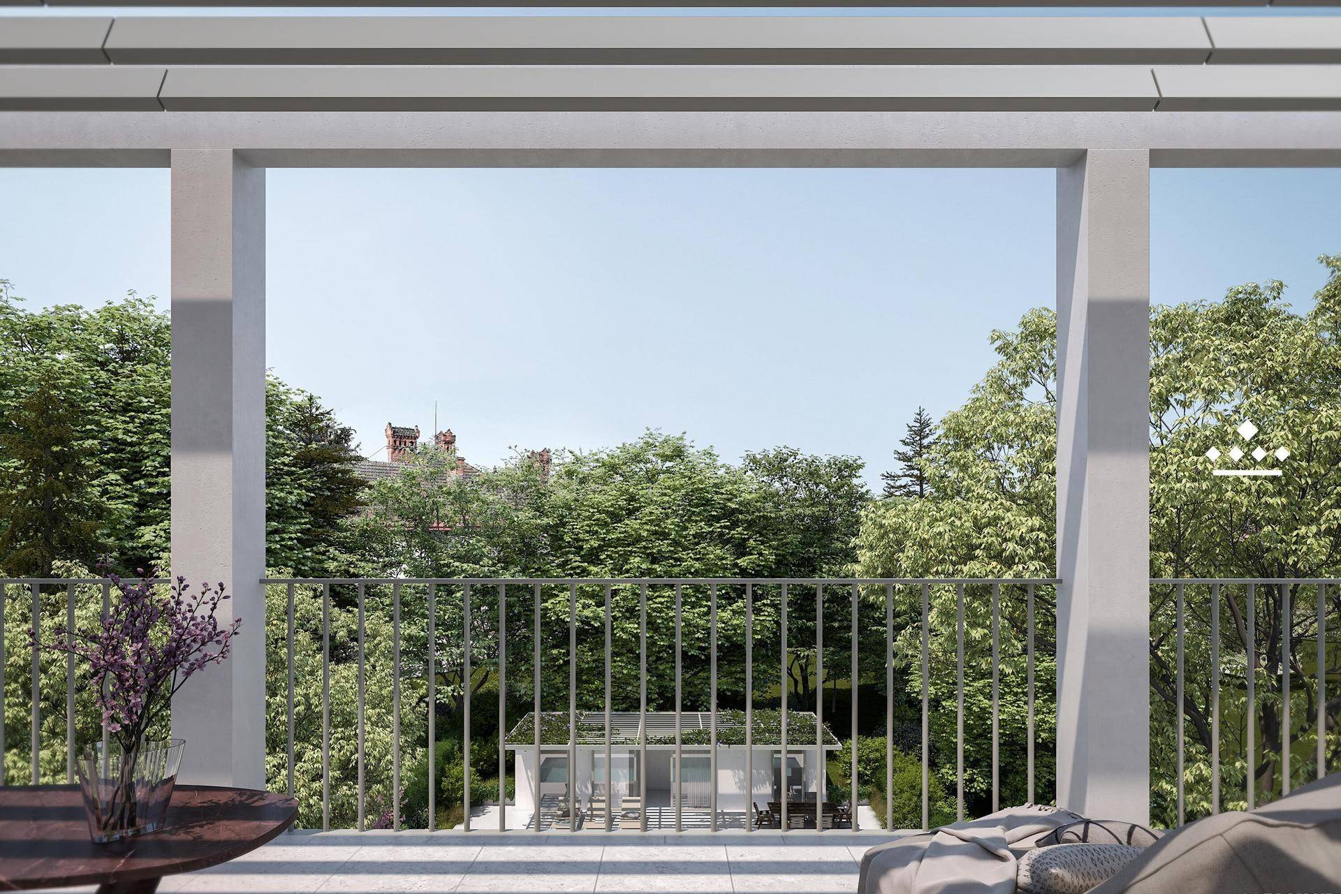 Balkon mit Blick auf üppiges Grün und die umliegende Wohnbebauung.