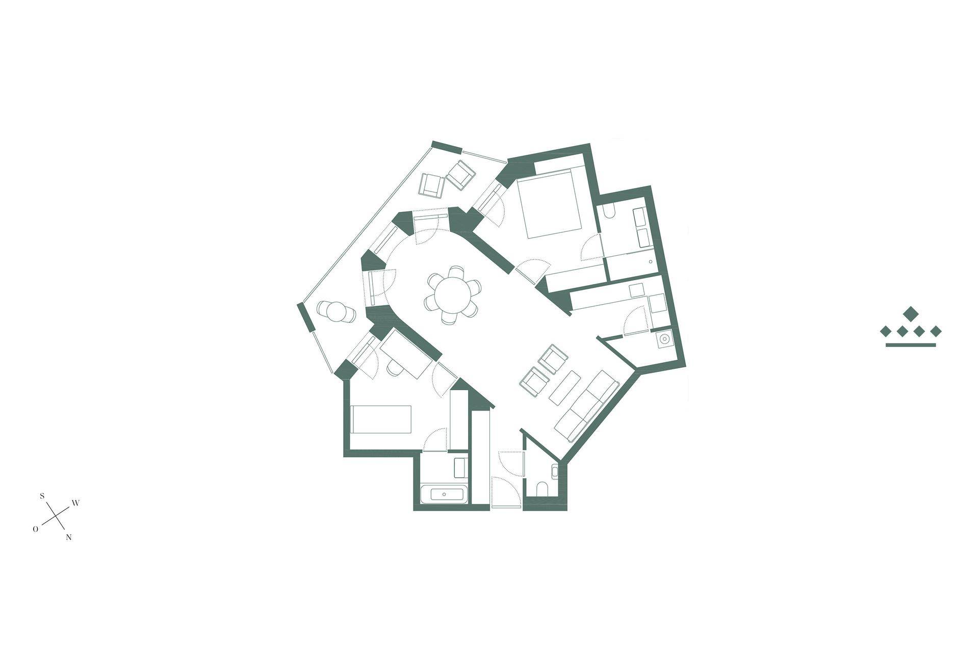 Grundriss einer Wohnung mit offenem Wohnbereich, Schlafzimmer und Balkon.