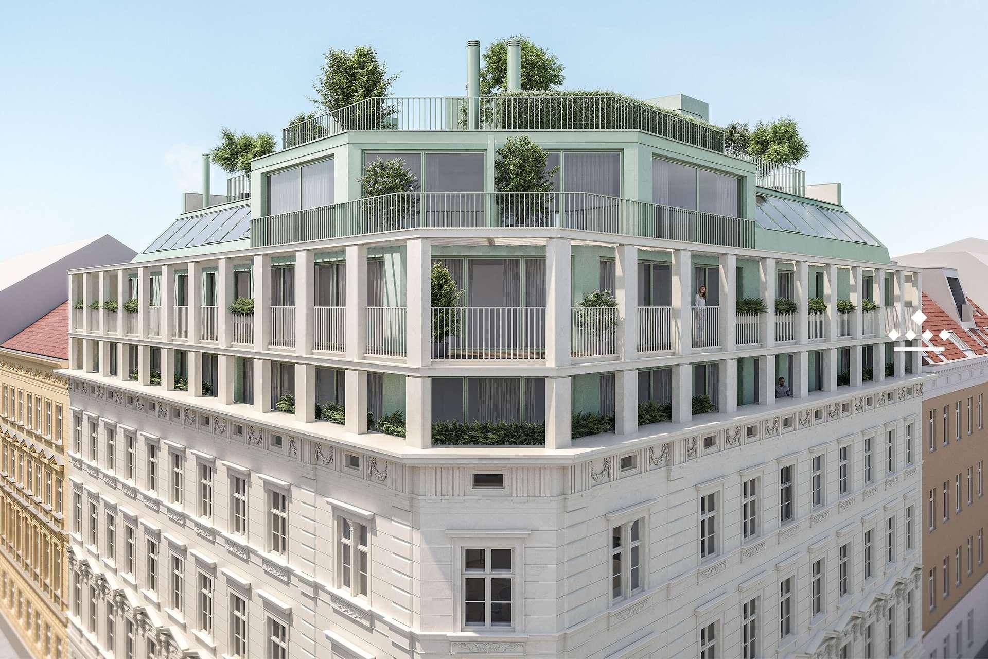 Eckansicht des Gebäudes mit zeitgenössischer Architektur und großzügigen Balkonen.