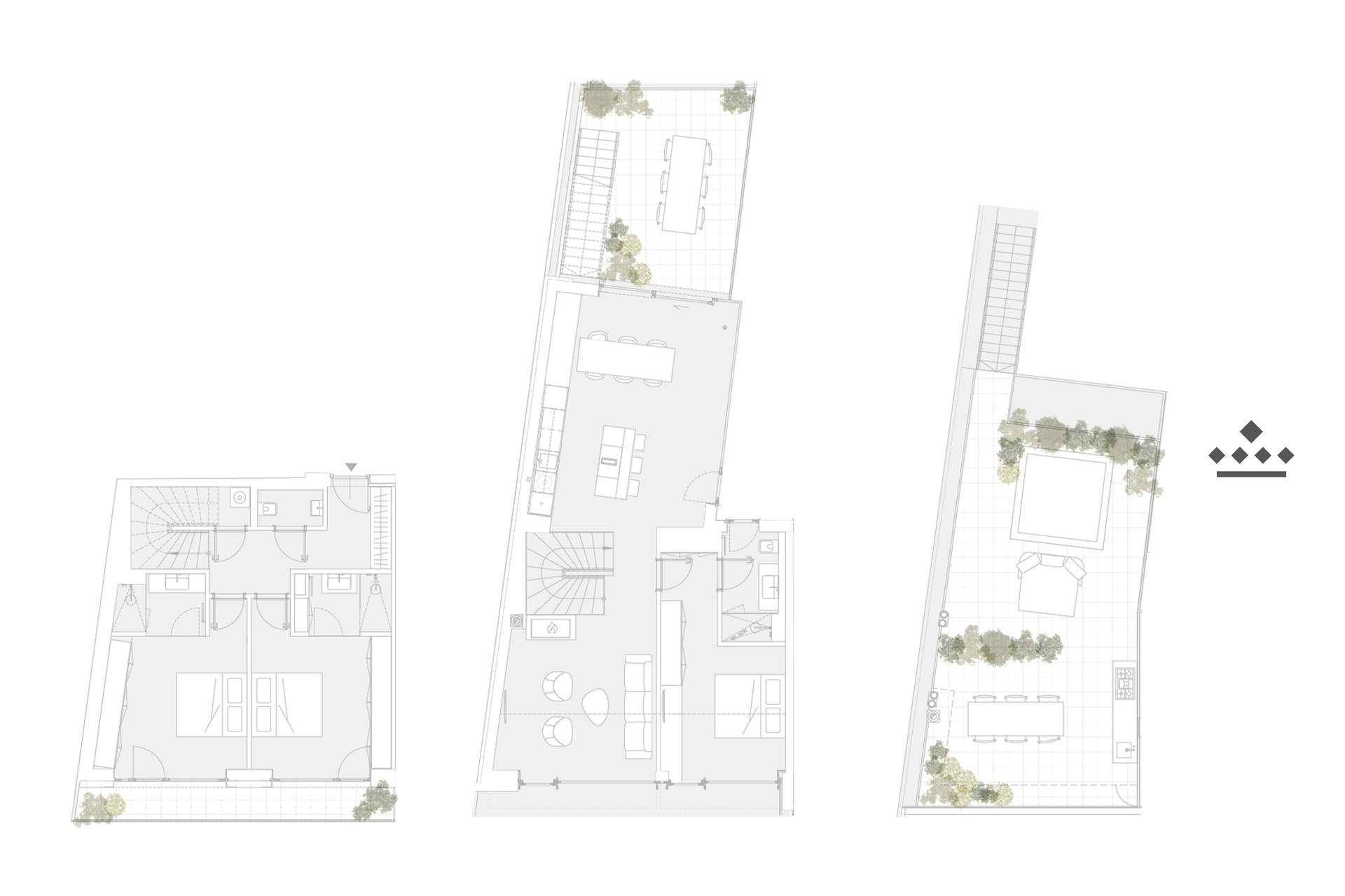 Grundrisse zeigen verschiedene Ebenen mit Wohnbereichen, Schlafzimmern und Terrassen.