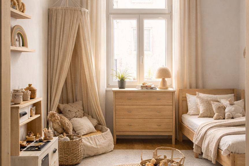 Helles Kinderzimmer mit Holzbett, Kommode und gemütlicher Spielecke am Fenster.