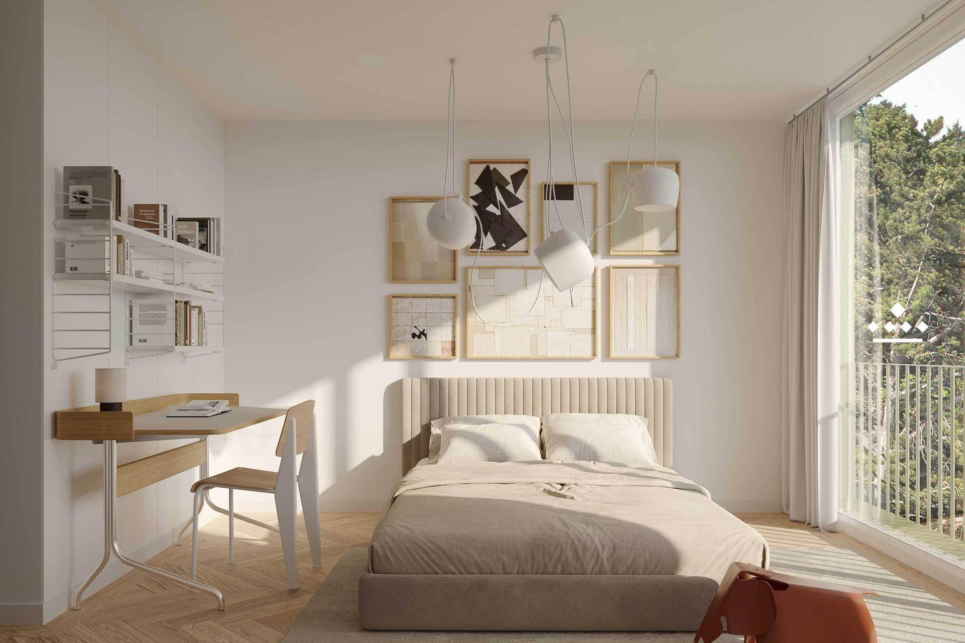Helles Schlafzimmer mit modernem Bett, Schreibtisch und großen Fenstern mit Blick ins Grüne.