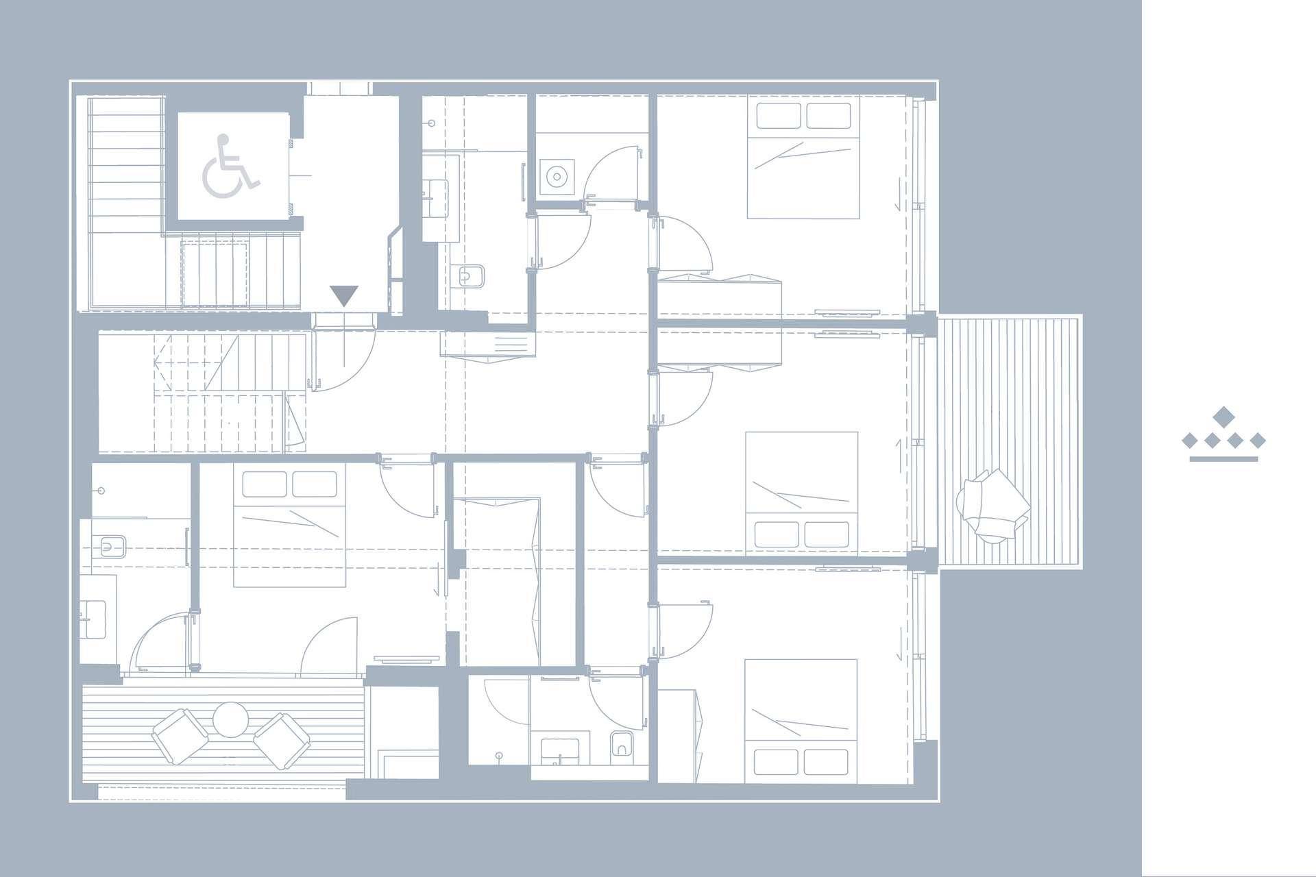 Grundriss einer Etage mit mehreren Schlafzimmern, Bädern und Balkonen.