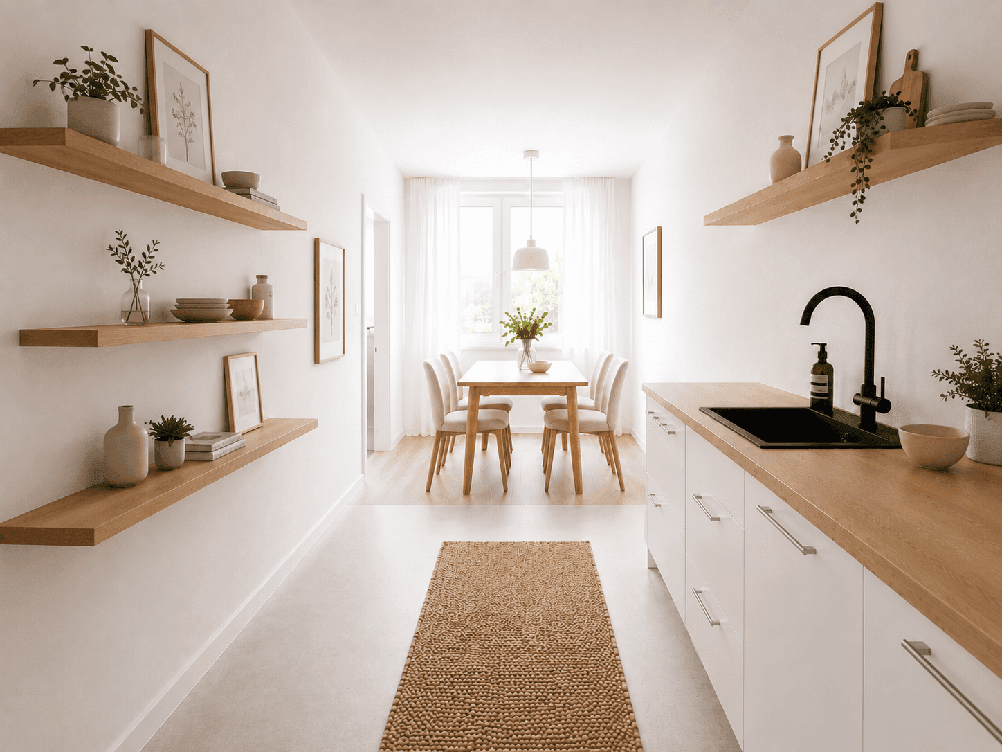 Moderne Küche mit Holztheke, weißen Schränken und offenem Zugang zum Essbereich.