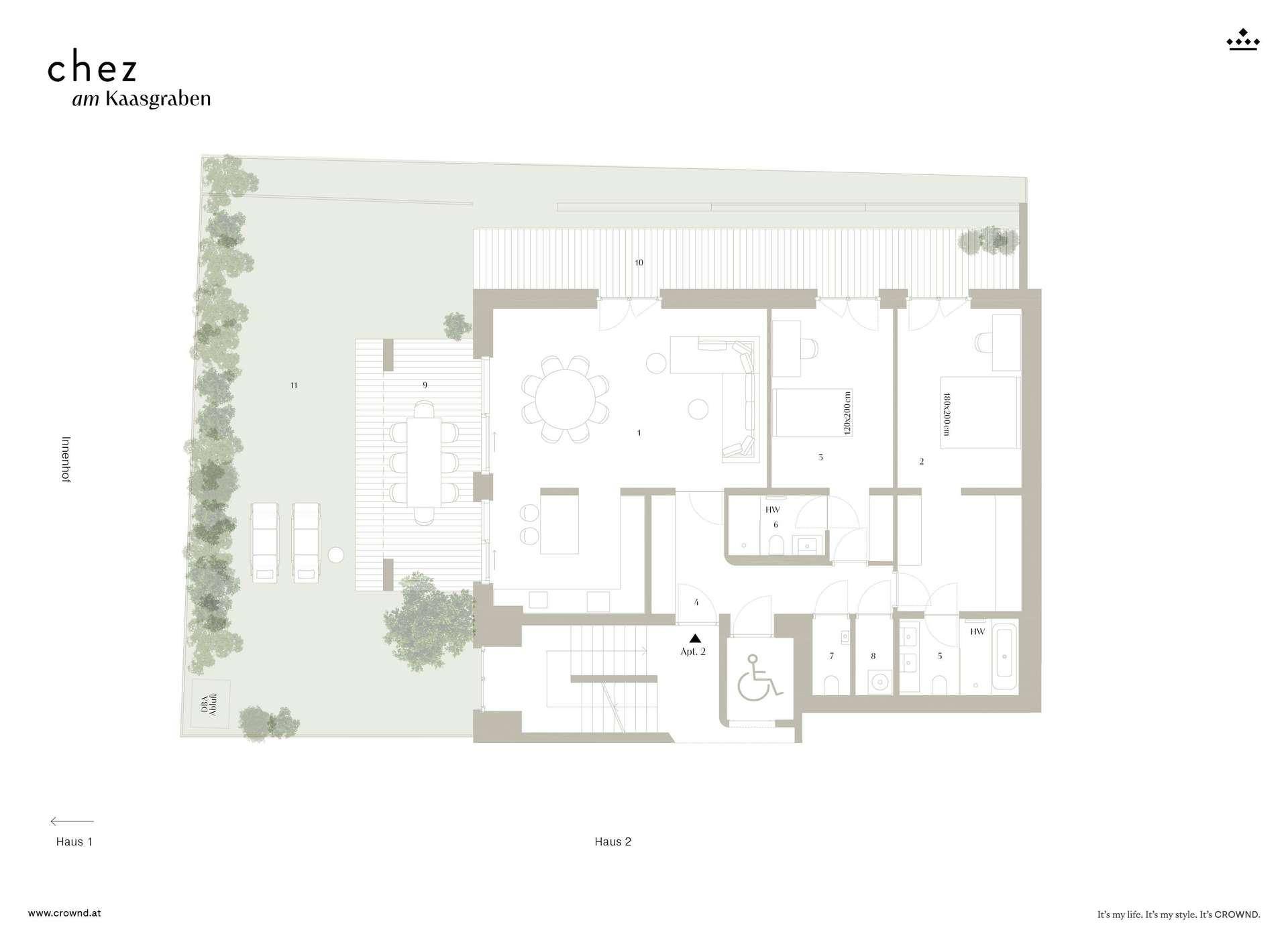 Grundriss einer barrierefreien Wohnung mit Garten, Terrasse und offenem Wohnbereich.