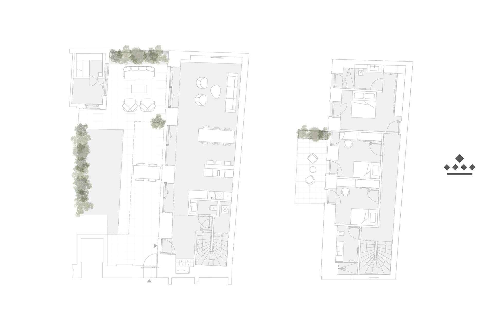 Grundrisspläne zeigen eine Maisonette-Wohnung mit offenem Wohnbereich, Terrasse und mehreren Schlafzimmern.