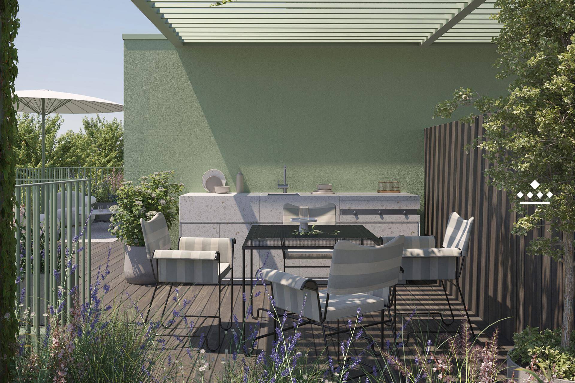 Moderne Dachterrasse mit Außenküche, Essbereich und Pergola für angenehme Stunden im Freien.