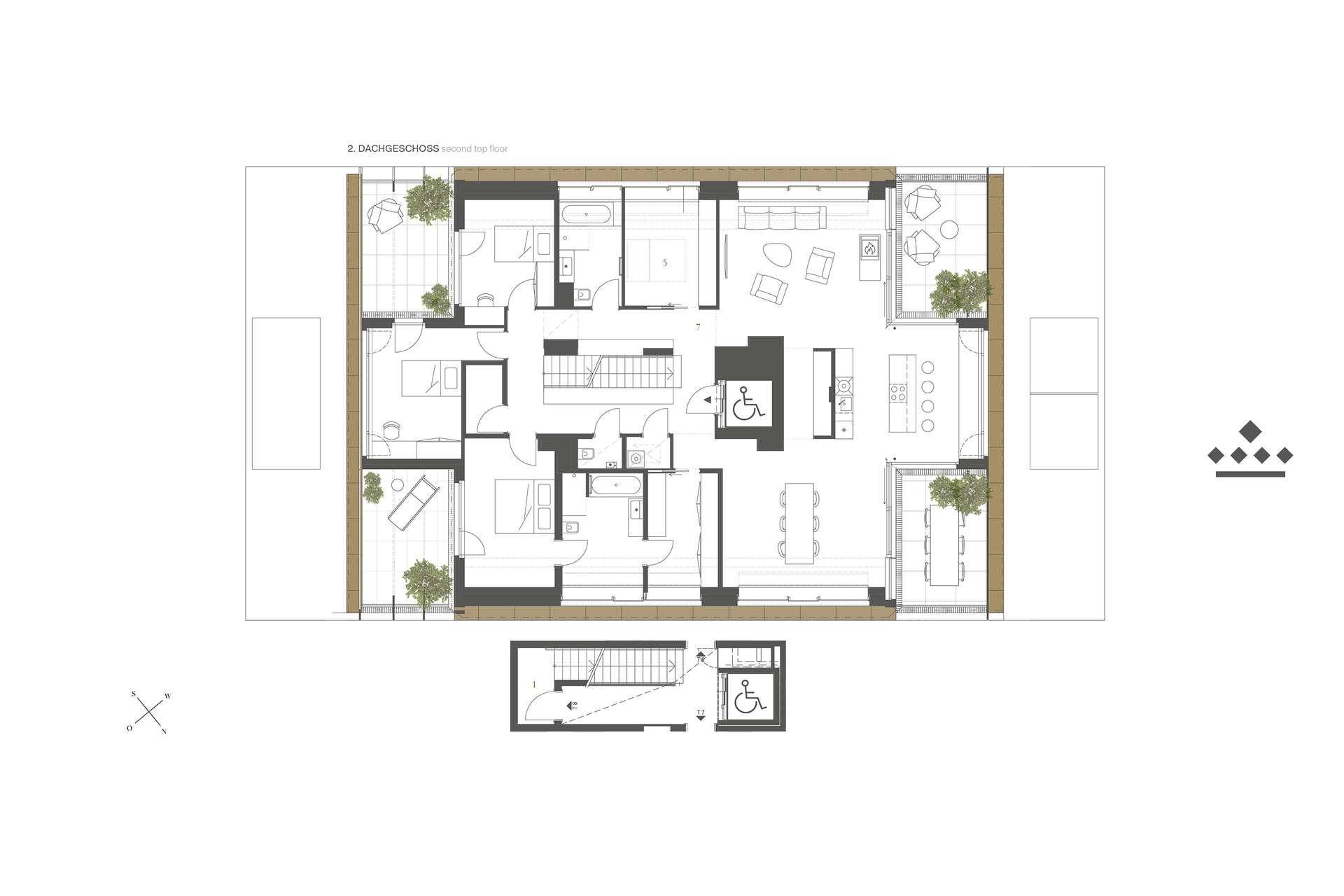 Grundriss des Dachgeschosses mit mehreren Zimmern, Bädern und Terrassenzugängen.