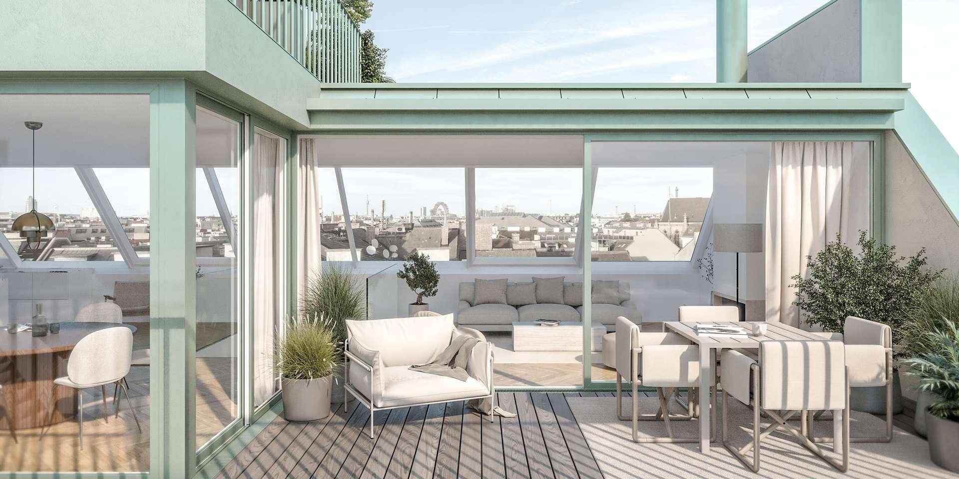 Geräumige Dachterrasse mit Essbereich und Lounge-Möbeln, umgeben von Stadtblick.