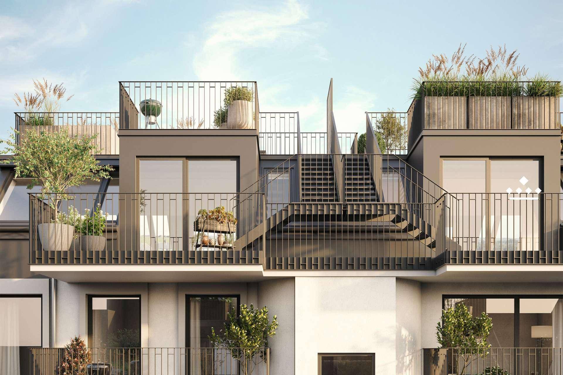 Mehrere Balkone und Terrassen mit Pflanzen und modernen Geländern an der Fassade.