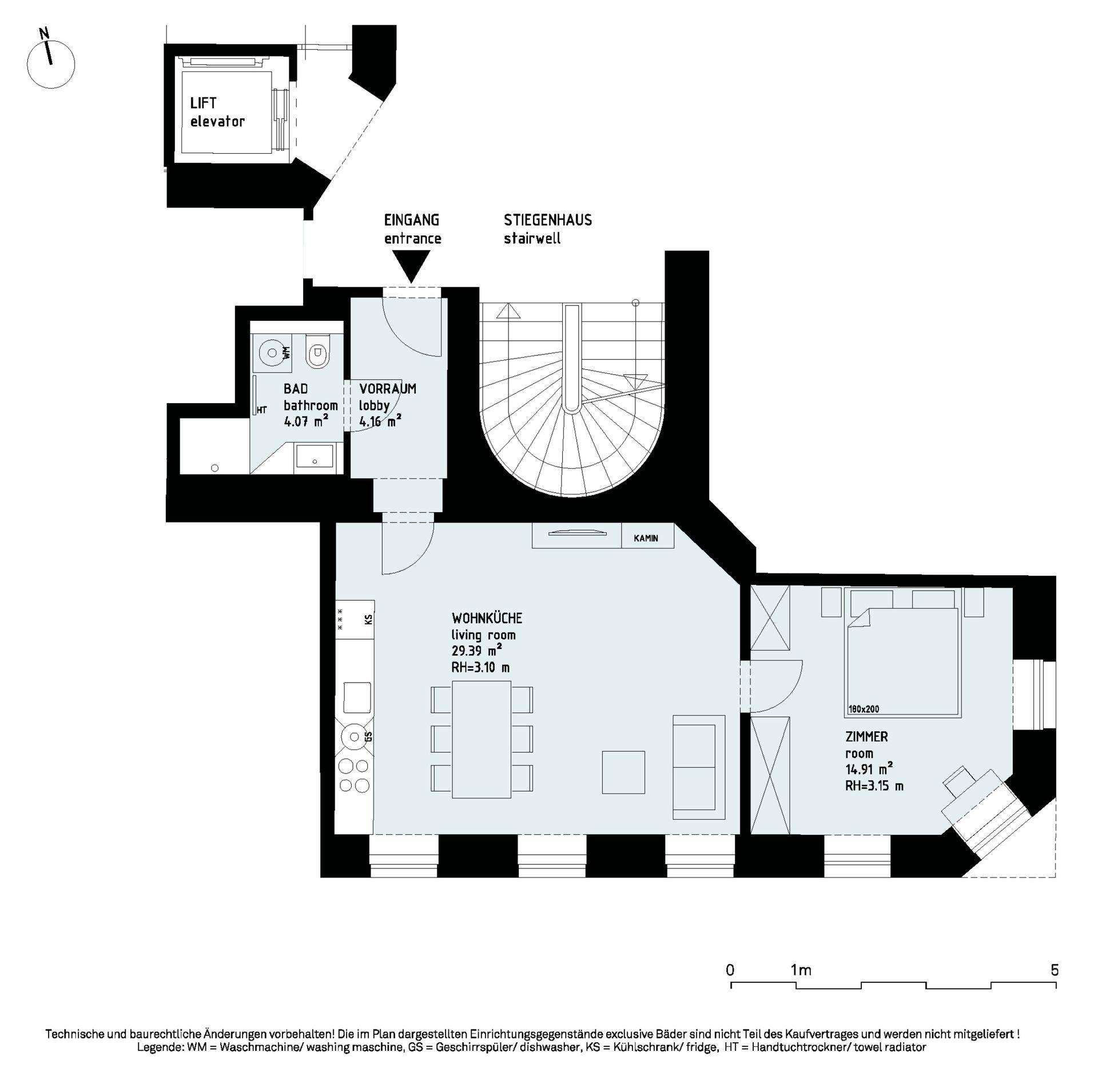 Grundriss einer Wohnung mit Wohnküche, Bad und Schlafzimmer, inklusive Liftzugang.