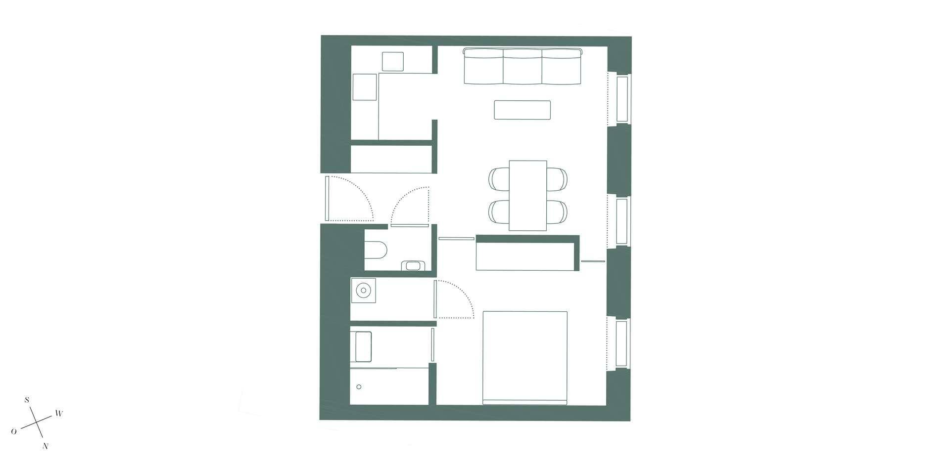 Grundriss einer Wohnung mit offenem Wohnbereich, Schlafzimmer und Badezimmer.