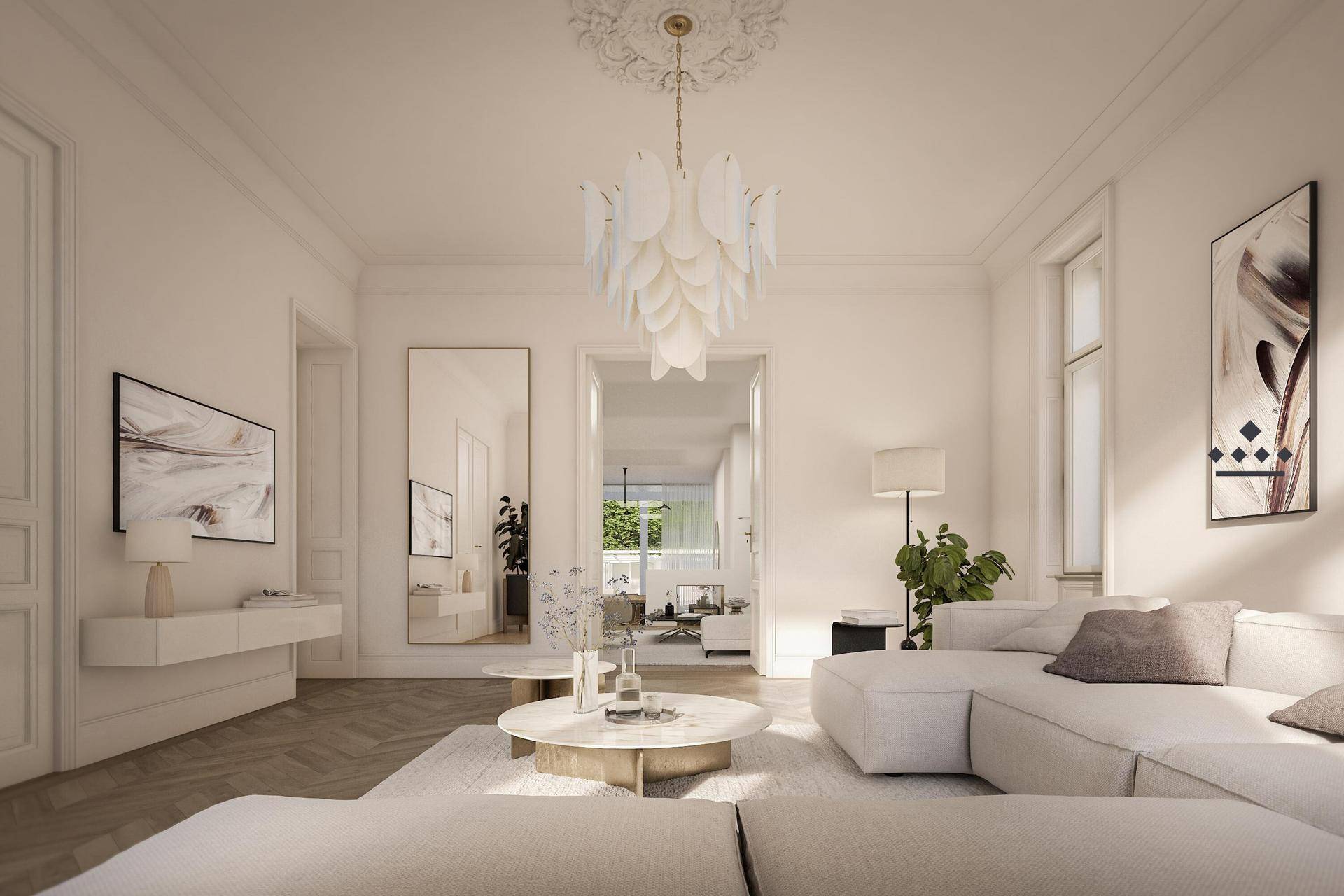 Helles Wohnzimmer mit Stuckdecke, elegantem Kronleuchter und großen Spiegeln.