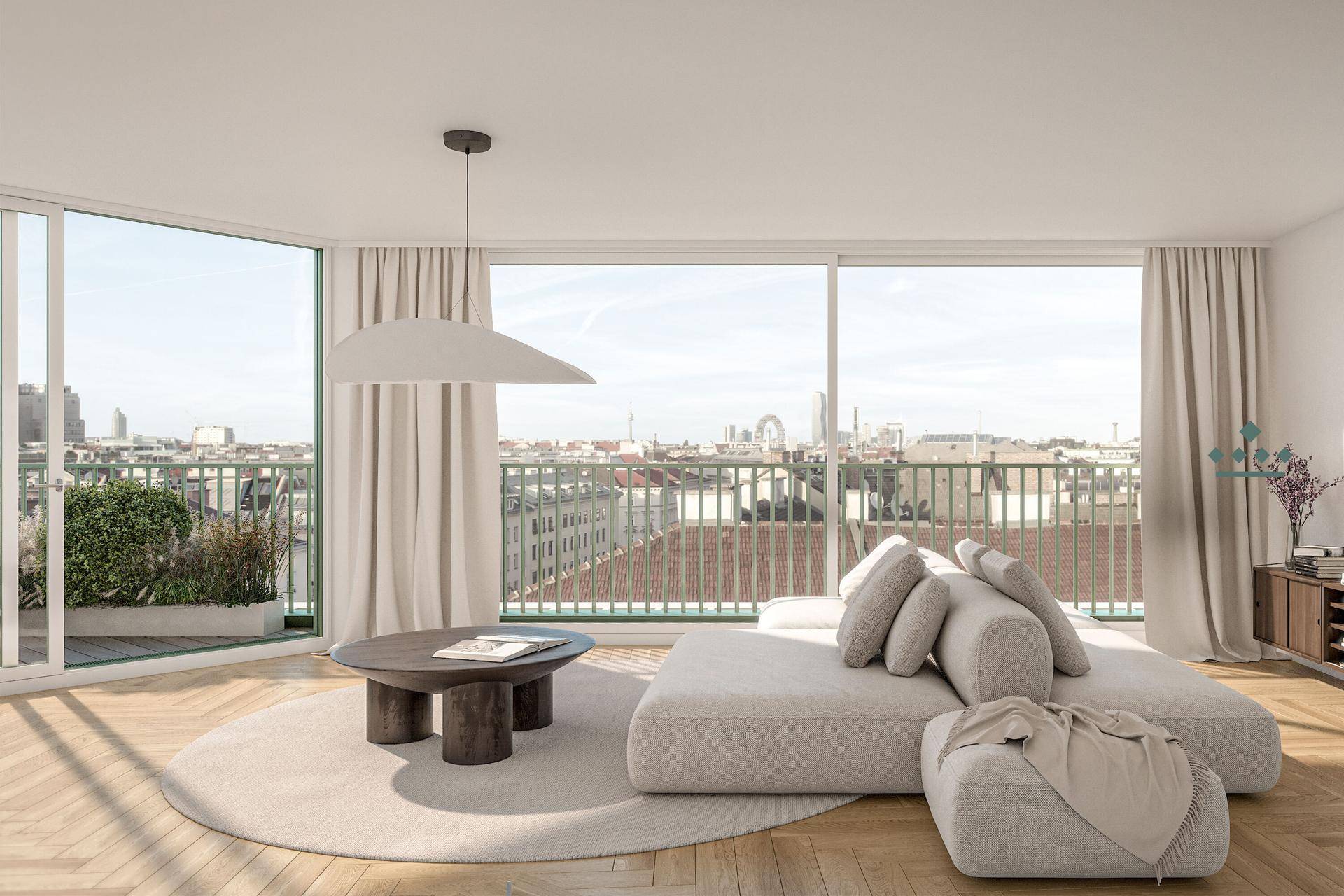 Lichtdurchflutetes Wohnzimmer mit modernem Sofa, Holzboden und Panoramablick über die Stadt.